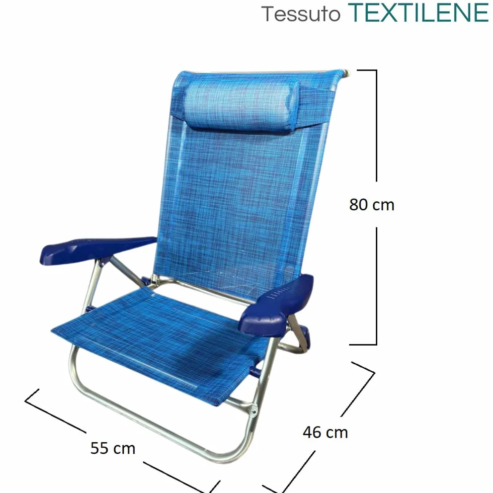 PALUPLUS 2 Spiaggine Pieghevoli con Braccioli, Misura 55x46x80 cm, Struttura Alluminio, Reclinabile in 7 Posizioni, Cuscino Poggiatesta, Sedia per Spiaggia, Piscina, Portata 100Kg -1771F (Blu)
