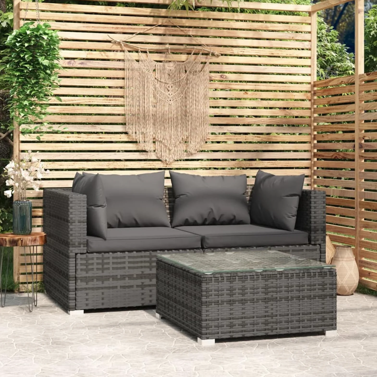 3pz Divano da Esterno, Salotto da Giardino, Divano Rattan, Divani da Giardino, Set Divano Giardino per Esterno, con Cuscini in Polyrattan Grigio