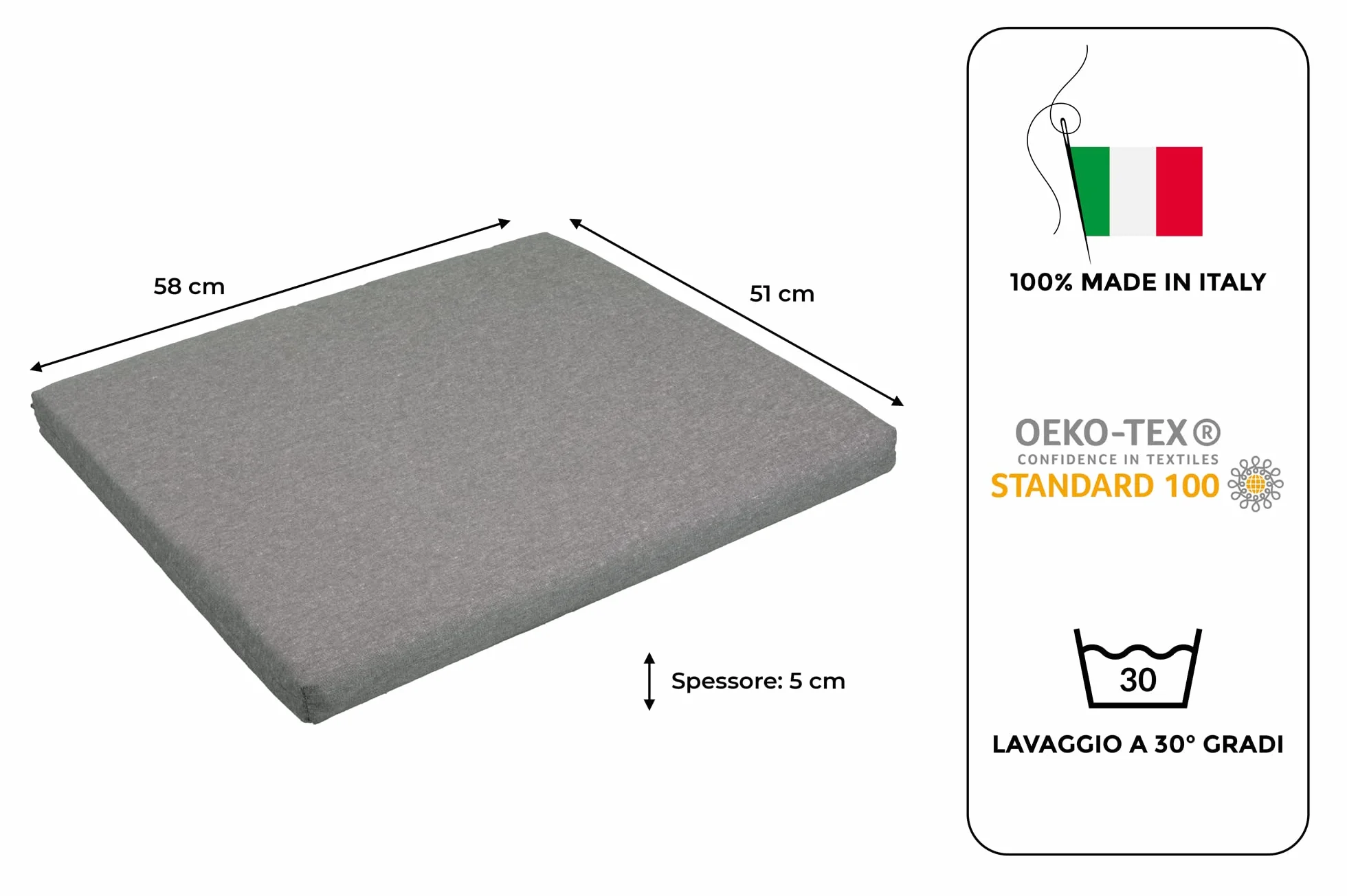 GHIOCUSCINI | Set di 4 Cuscini da Esterno per Salottino in Rattan, COLORE GRIGIO, Tessuto Cotone/Poliestere, Sfoderabile, 58 x 51 cm, Alto 5 cm, Made in Italy