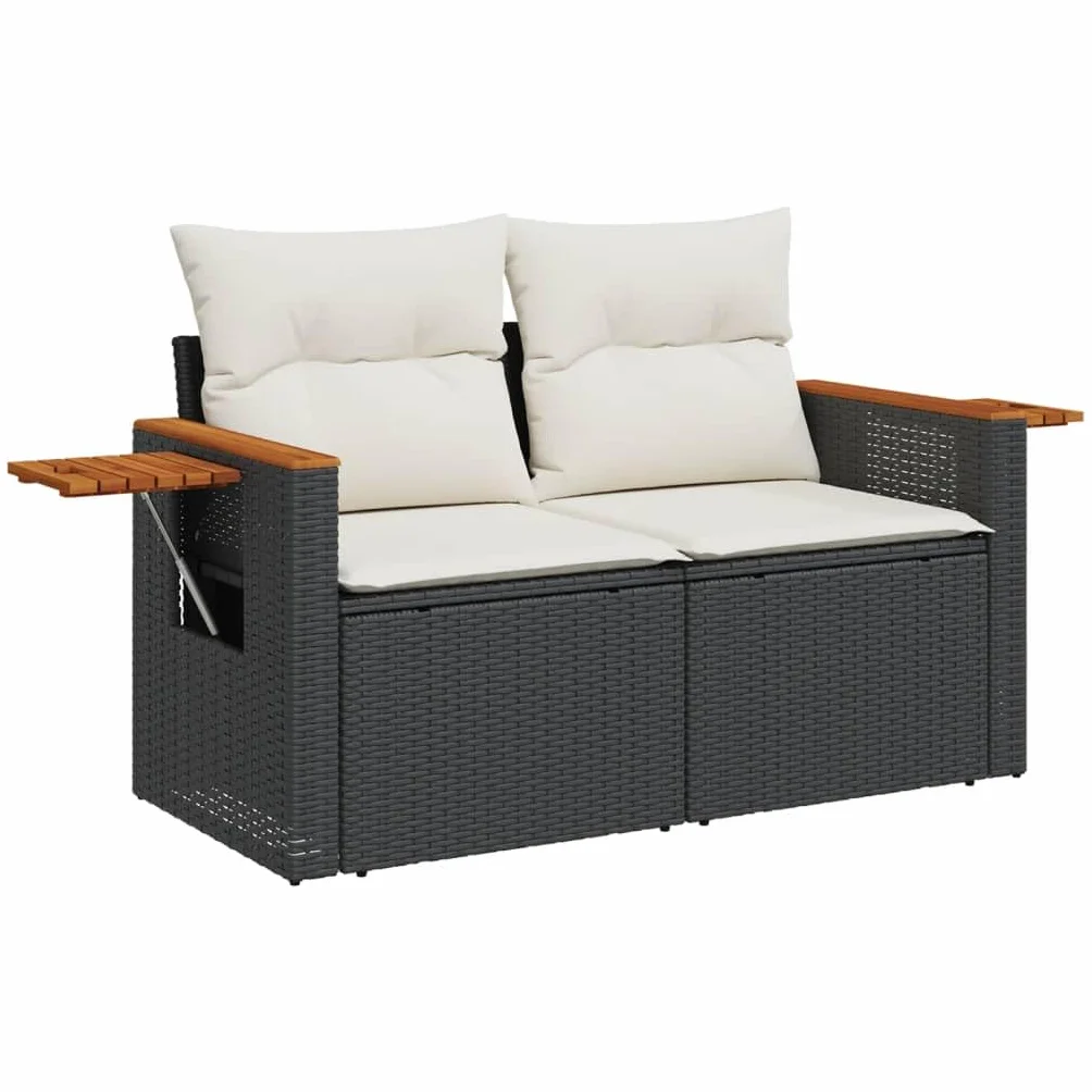 IKAYAA Divanetto da Esterno 2 Posti con Contenitore Divano da Giardino in Polyrattan Salotto da Giardino in Polyrattan Set da arredo per Esterno con Cuscini-Nero e Bianco-2 pz