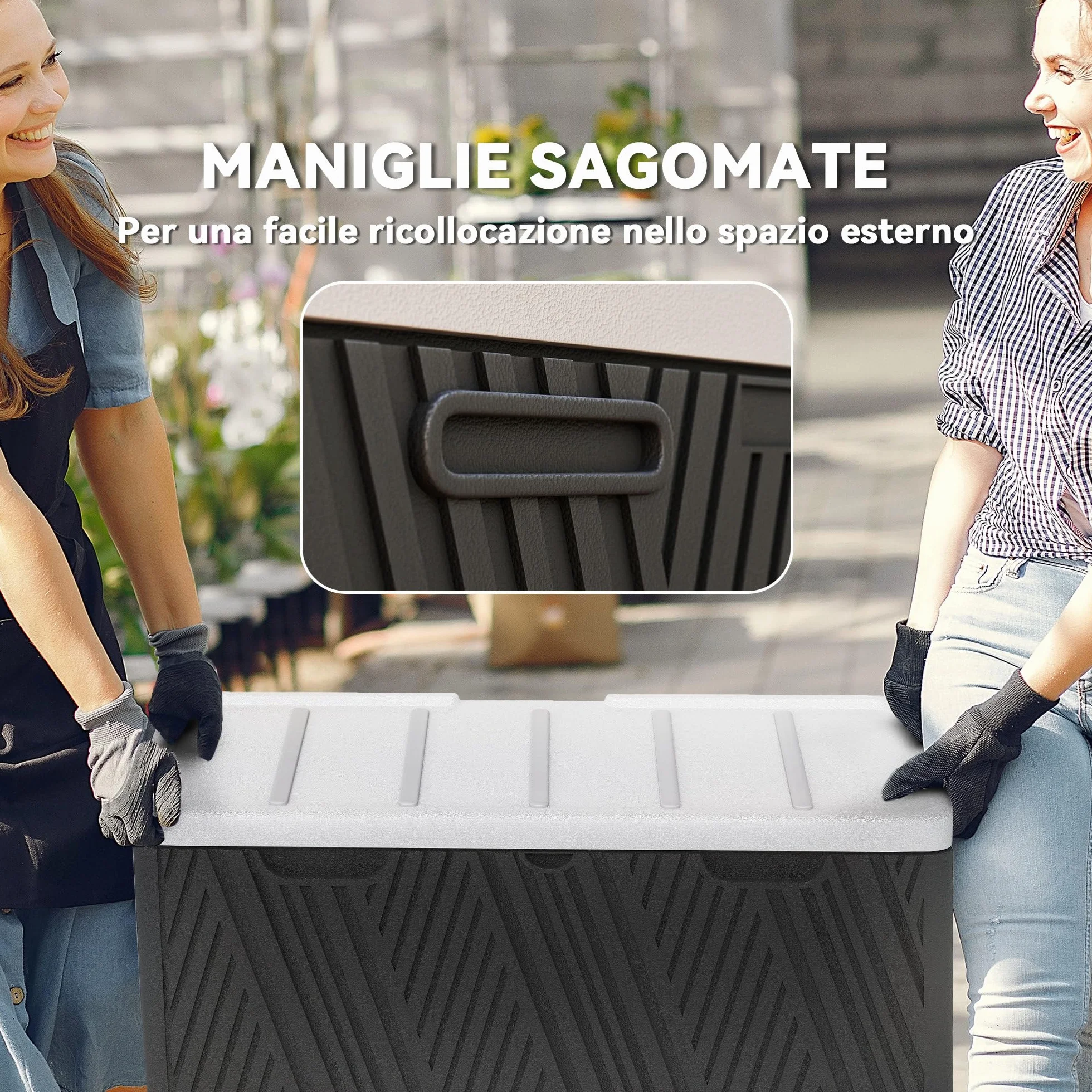 Outsunny Baule da Esterno da 380L Impermeabile in HDPE, Cassapanca Contenitore da Esterno con Coperchio a Leva e 2 Maniglie Laterali, Protezione UV, 115x60x60 cm, Nero e Grigio