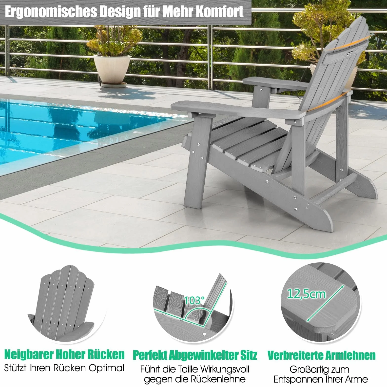 FANTASK Adirondack - Sedia da giardino resistente alle intemperie, in plastica, portata 170 kg, colore: Grigio chiaro
