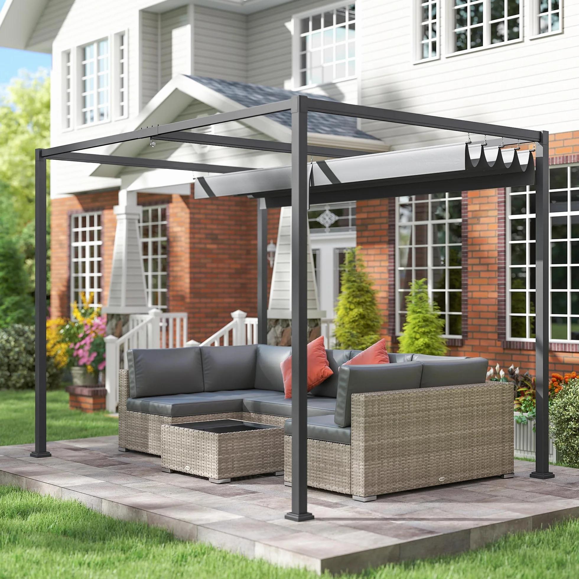 Outsunny Gazebo Pergola 3x2 m con Tettuccio Retrattile, Drenaggio, Picchetti e Viti, Poliestere e Metallo, Grigio