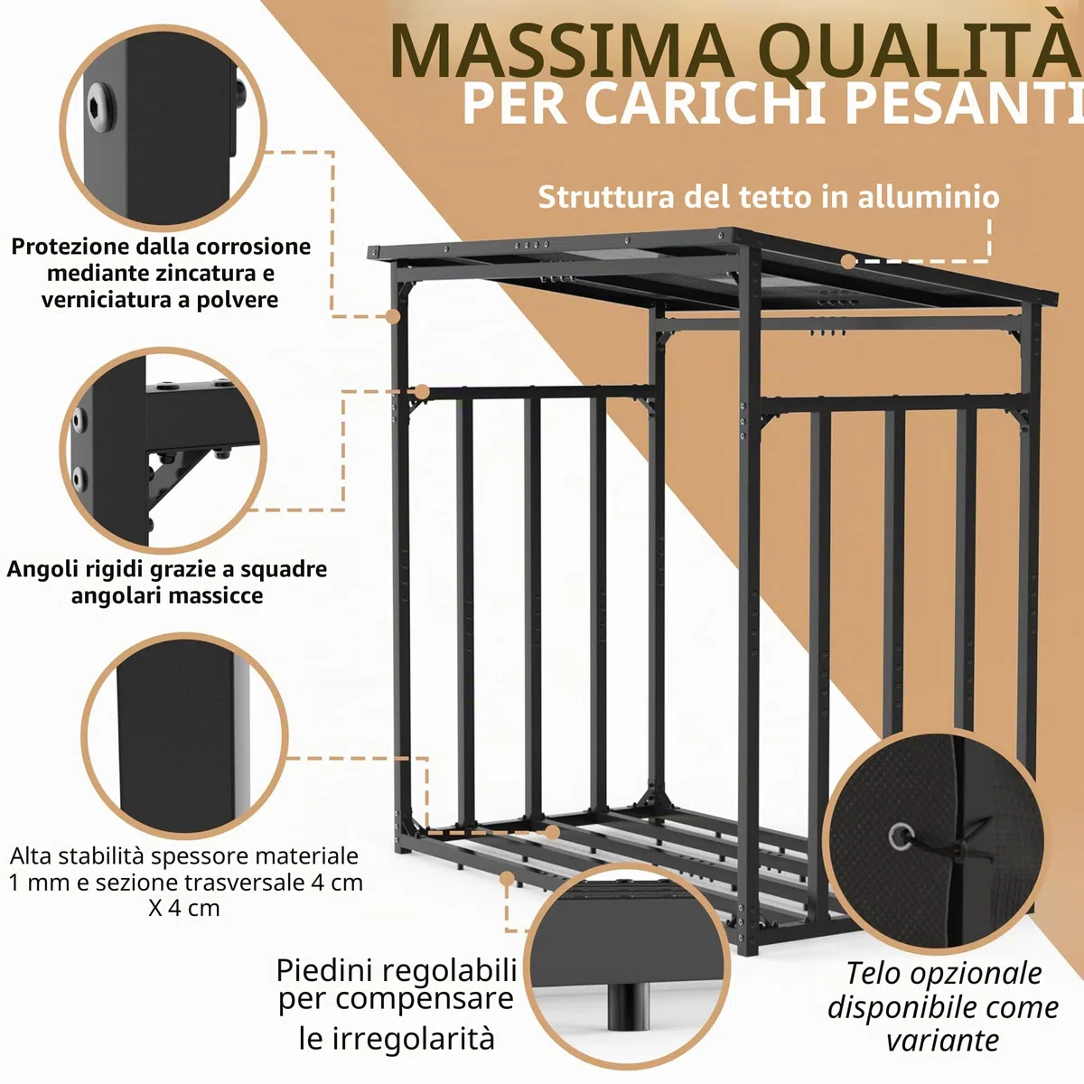 LAWA portalegna da esterno metallo zincato 185x105x185 cm 4x4cm portata 3,5t con tetto rastrelliera per legna
