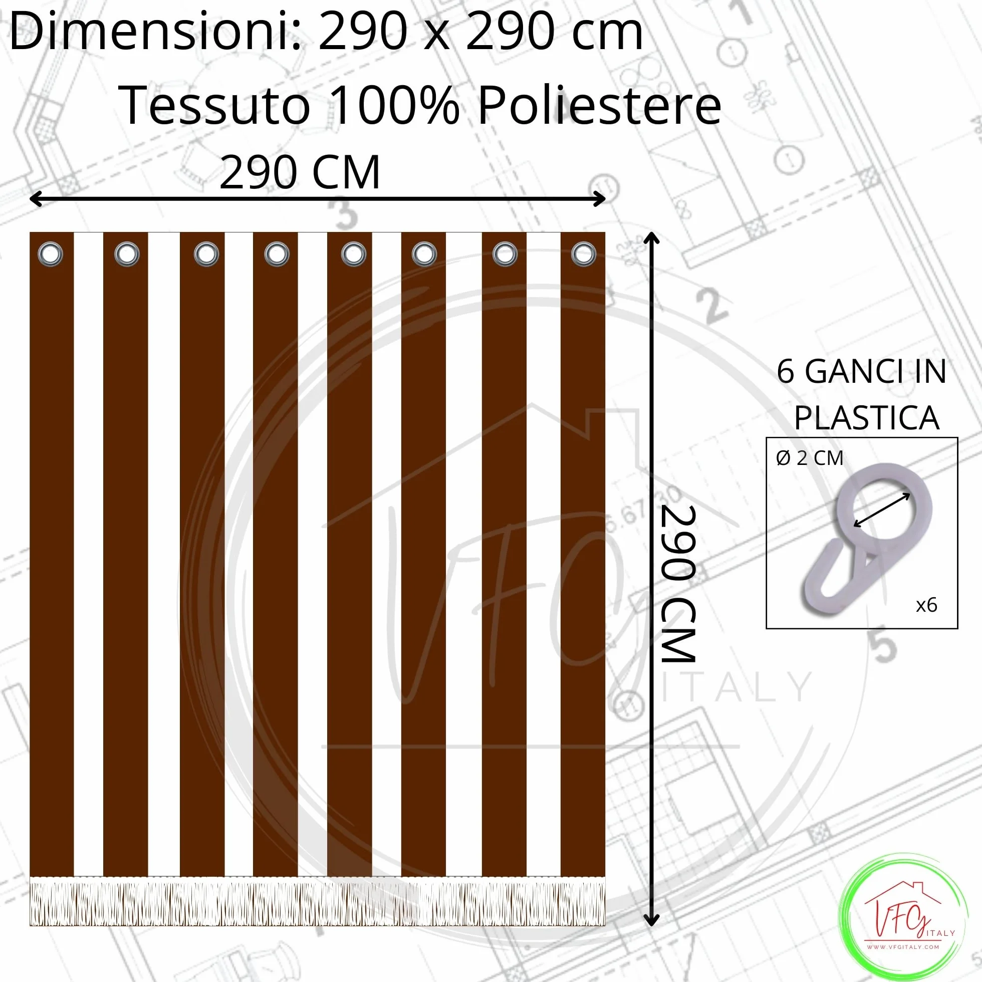 Tenda Sole Strisce Esterno Balcone Terrazzo Veranda con Anelli e Ganci 100% Poliestere Durevole Lavabile Marrone_bianco 290x290
