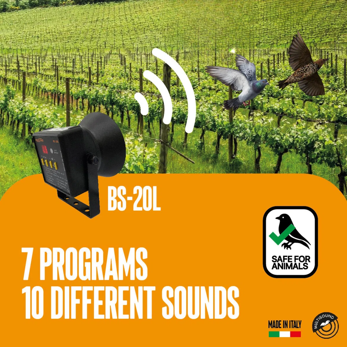 Multisound - Dissuasore Acustico Scaccia Piccioni, Storni, Gazza, Cornacchia, Picchio - Deterrente Uccelli Repellente Sonoro per Allontanare Piccioni e Uccelli (BS-20L - URB-1_REV2)
