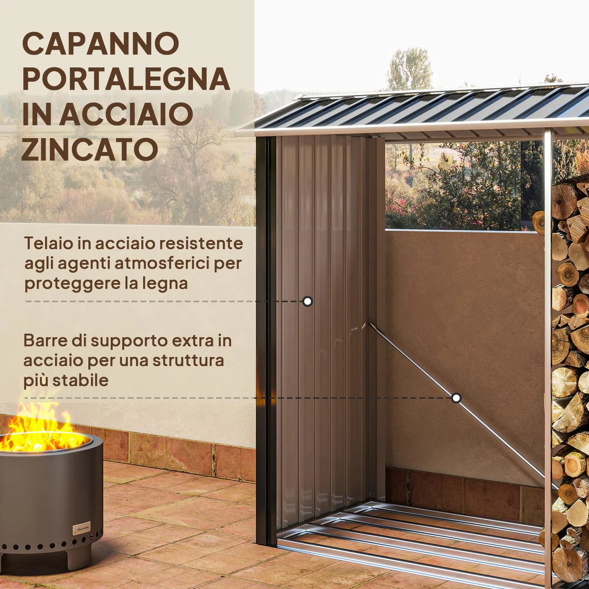 Outsunny Portalegna da Esterno Acciaio Galvanizzato 240x86x160cm Nero con Base Rialzata e Tetto Inclinato