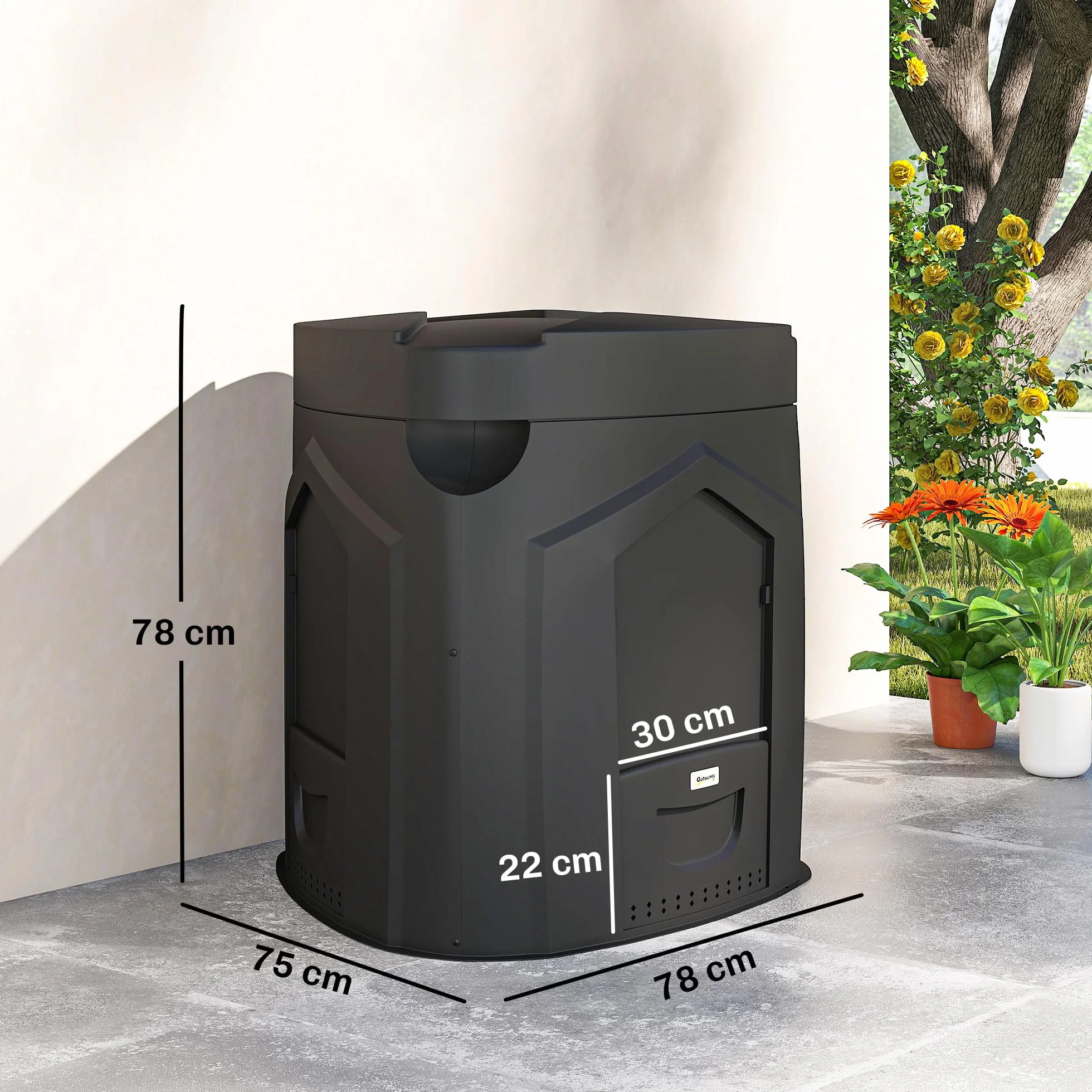 Outsunny Compostiera da Giardino 240L Triangolare Girevole con 66 Prese d'Aria e 3 Porte, 78x75x78 cm, Nero