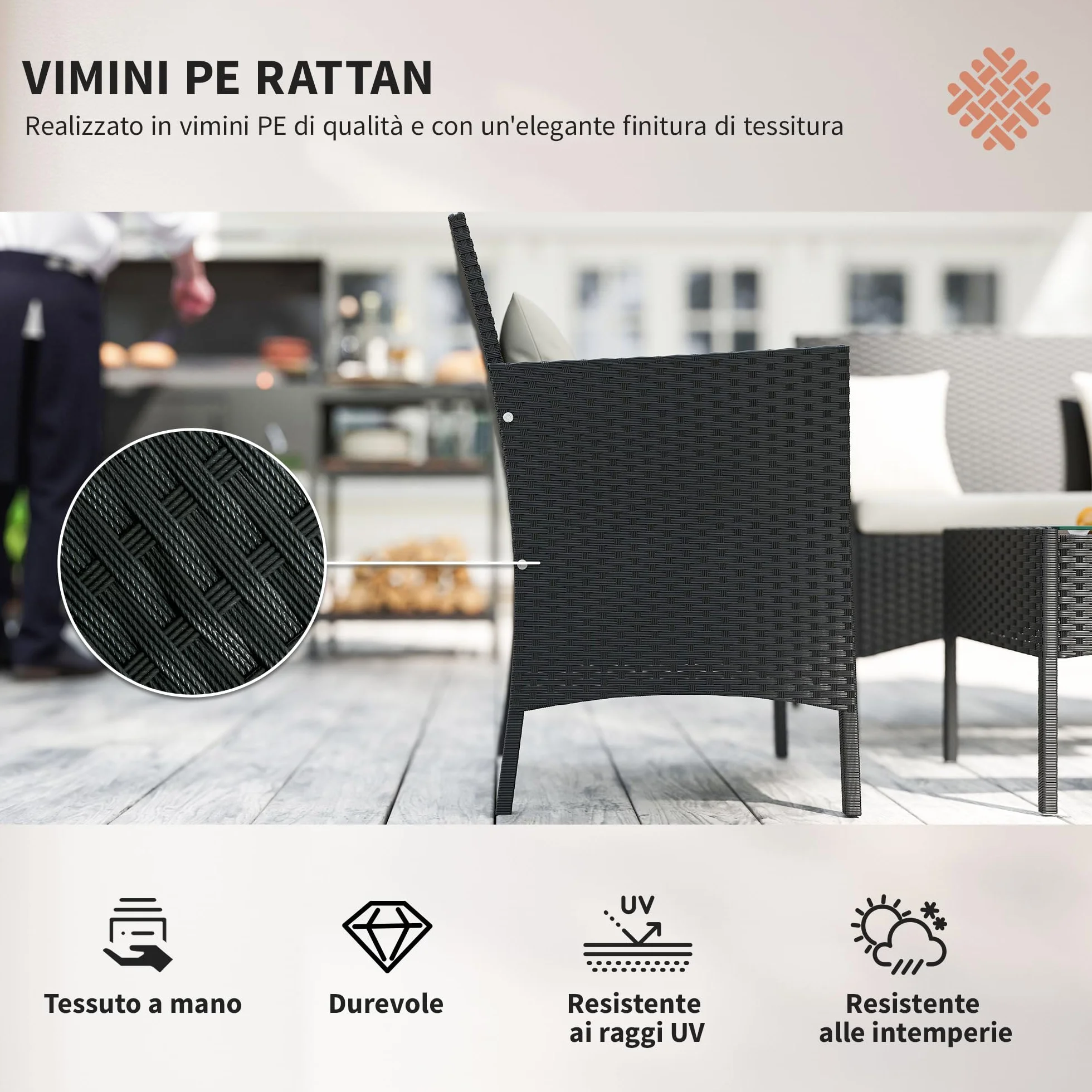 Outsunny Set da Giardino 4 Pezzi in Rattan con Sedie e Tavolino, Nero e Crema