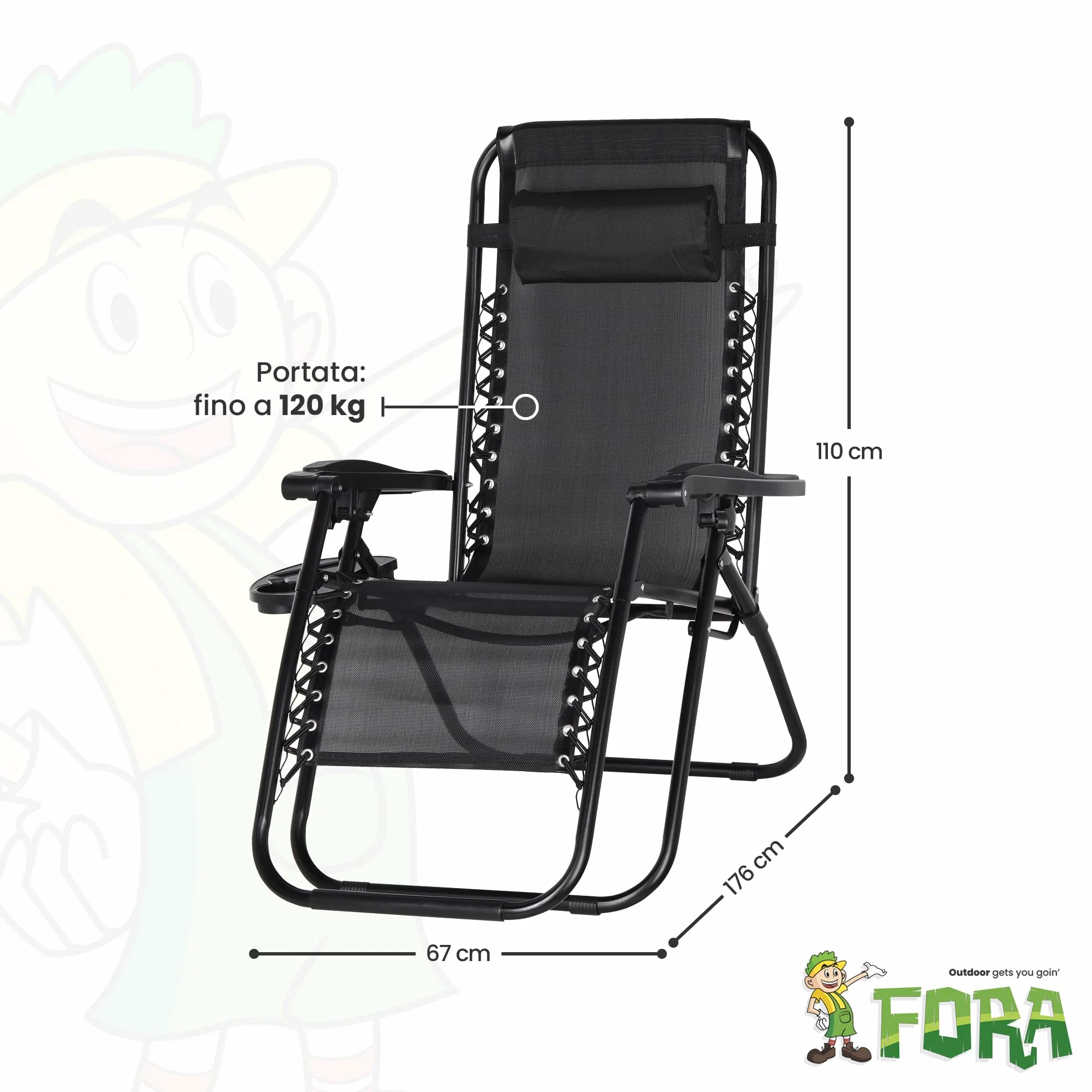 FORA Set 2 Sdraio da Giardino Pieghevoli – 176×67×110 Cm, Tubo 25mm e Tessuto Traspirante, Nero, Reclinabili Con Blocco di Sicurezza, Cuscino Incluso, Chiusura Rapida, 120 Kg