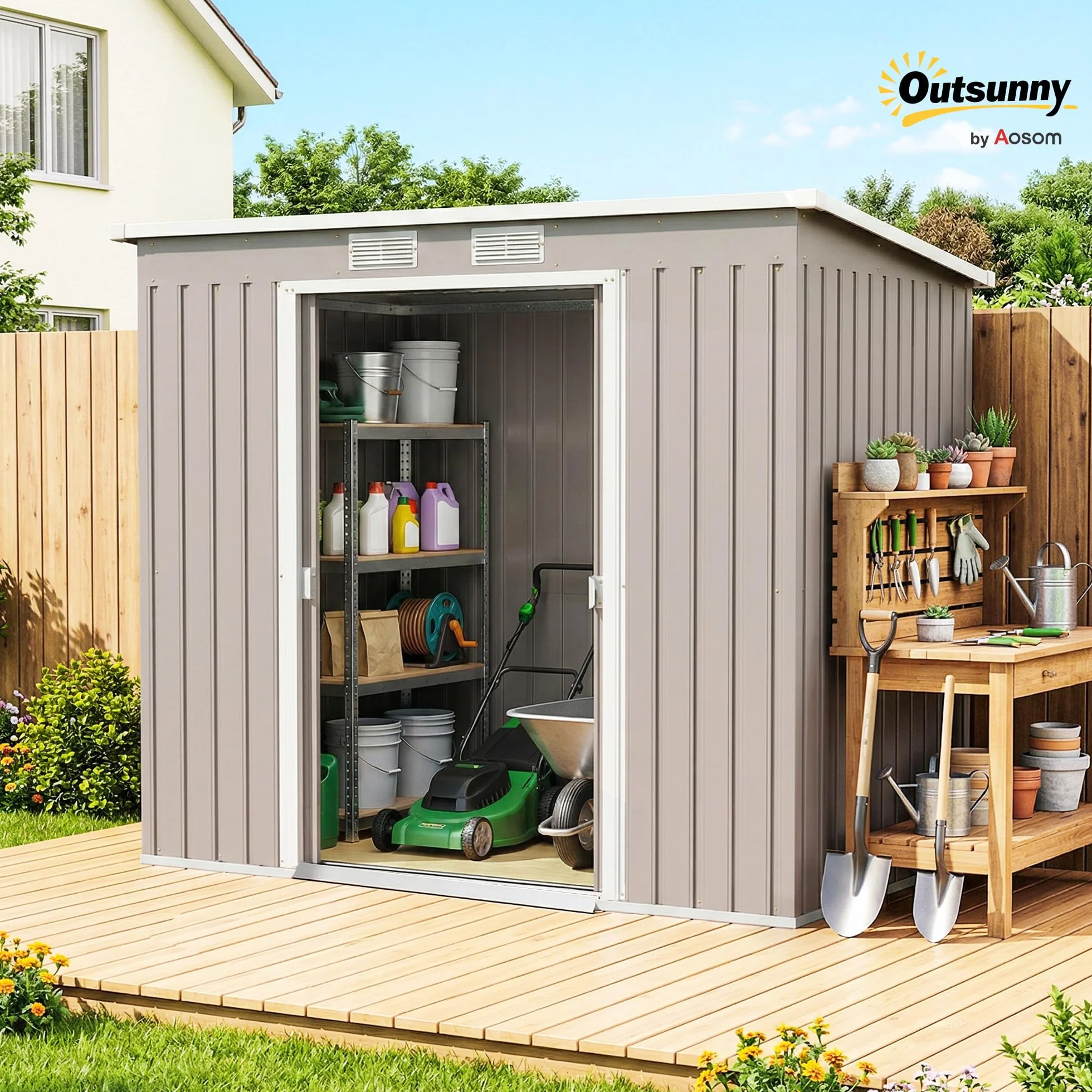 Outsunny Casetta da Giardino 2.42m² Acciaio Zincato con Kit Fondazione 213x130x172 cm Grigio