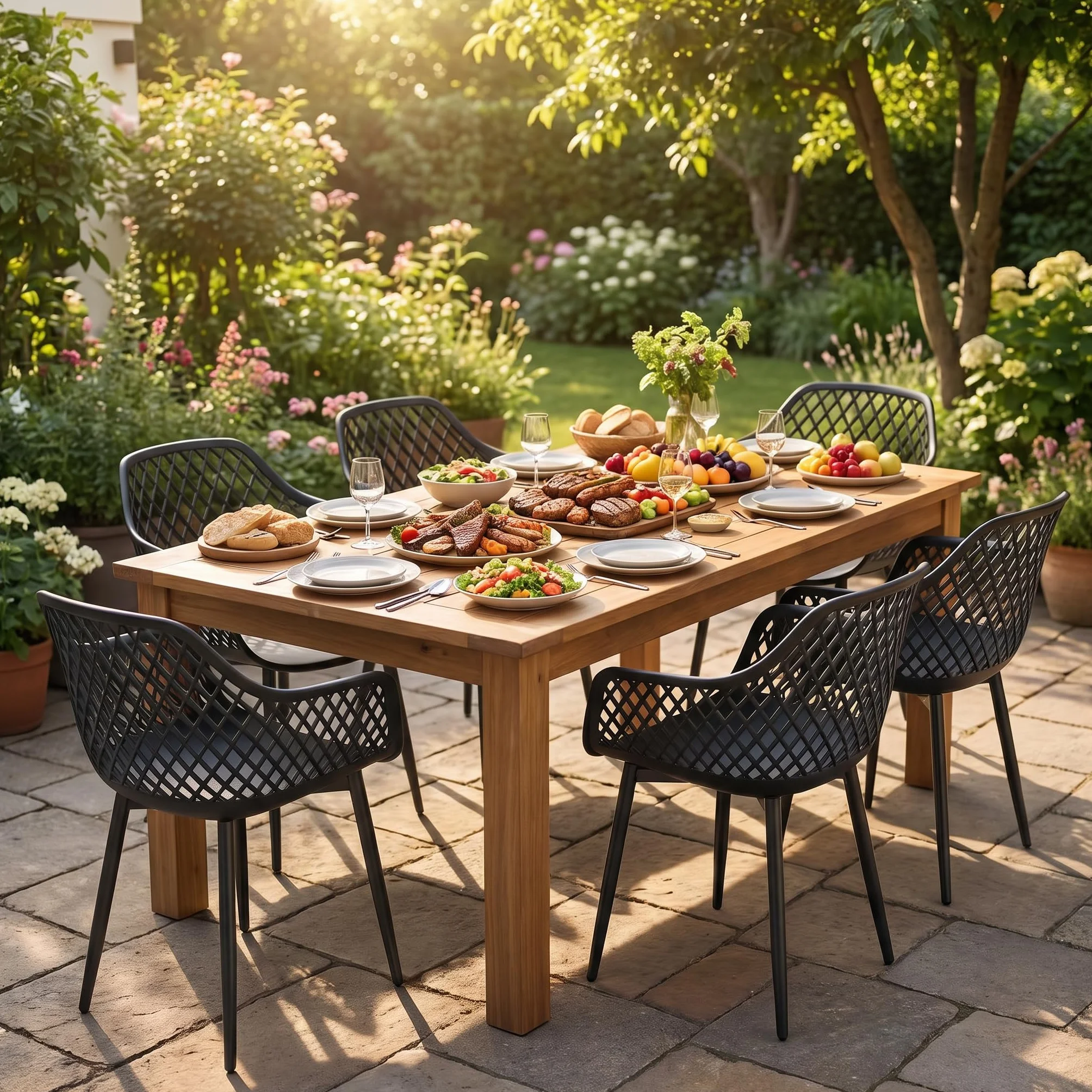 Set 6 Sedia Giardino Esterno PP Metallo Braccioli 120 kg Nero