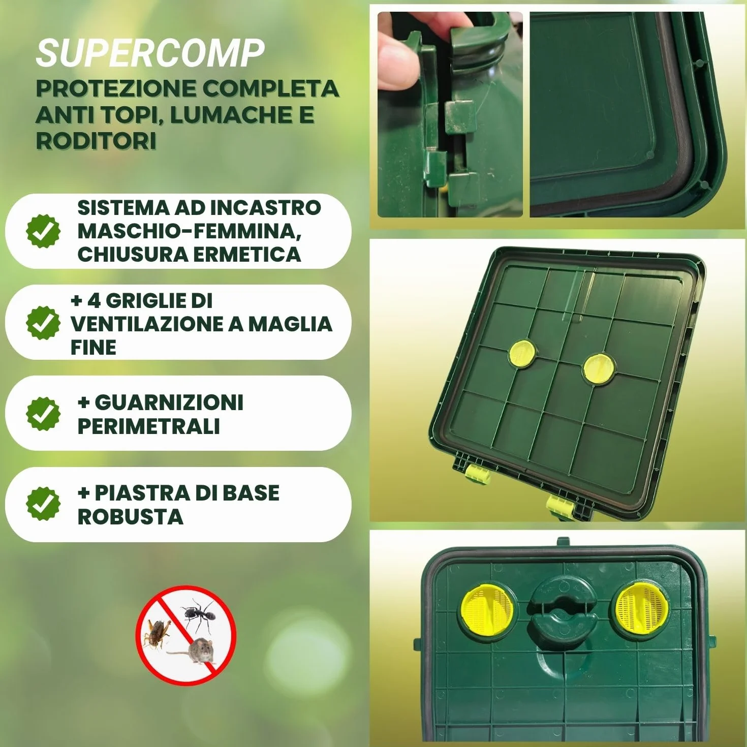 Compostiera 350Lt, Protezione Totale Anti-Roditori e Topi, Senza Cattivi Odori e rivoltamento compost, Aerazione Verticale, Resistente ai Raggi UV e al Gelo, Piano Base Incl.