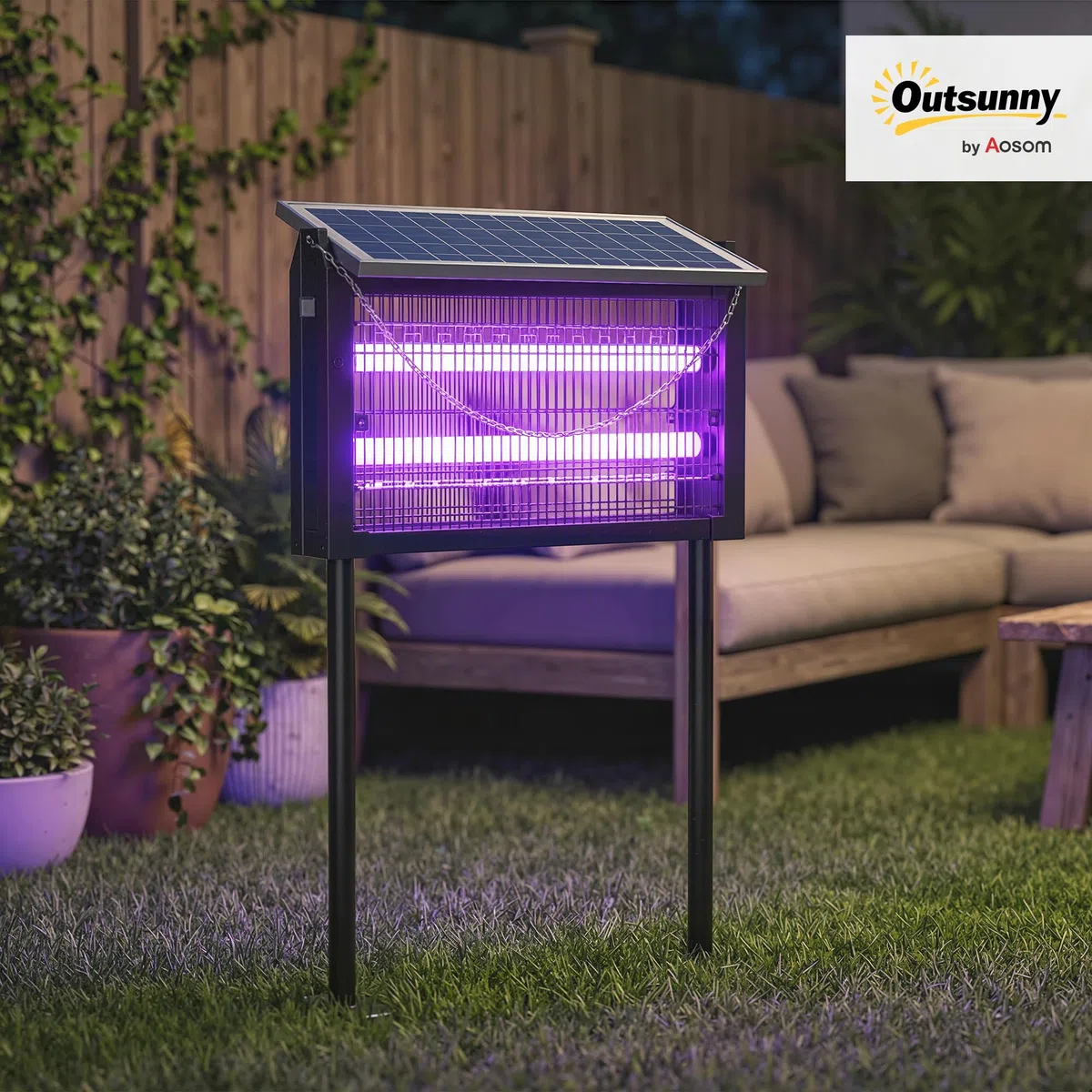 Outsunny Lampada Antizanzare da Esterno, Zanzariera a Energia Solare, Ricarica USB Interna, Luce Anti Insetti Elettroinsetticida con Rete di Protezione, 45x18x90 cm, Nero