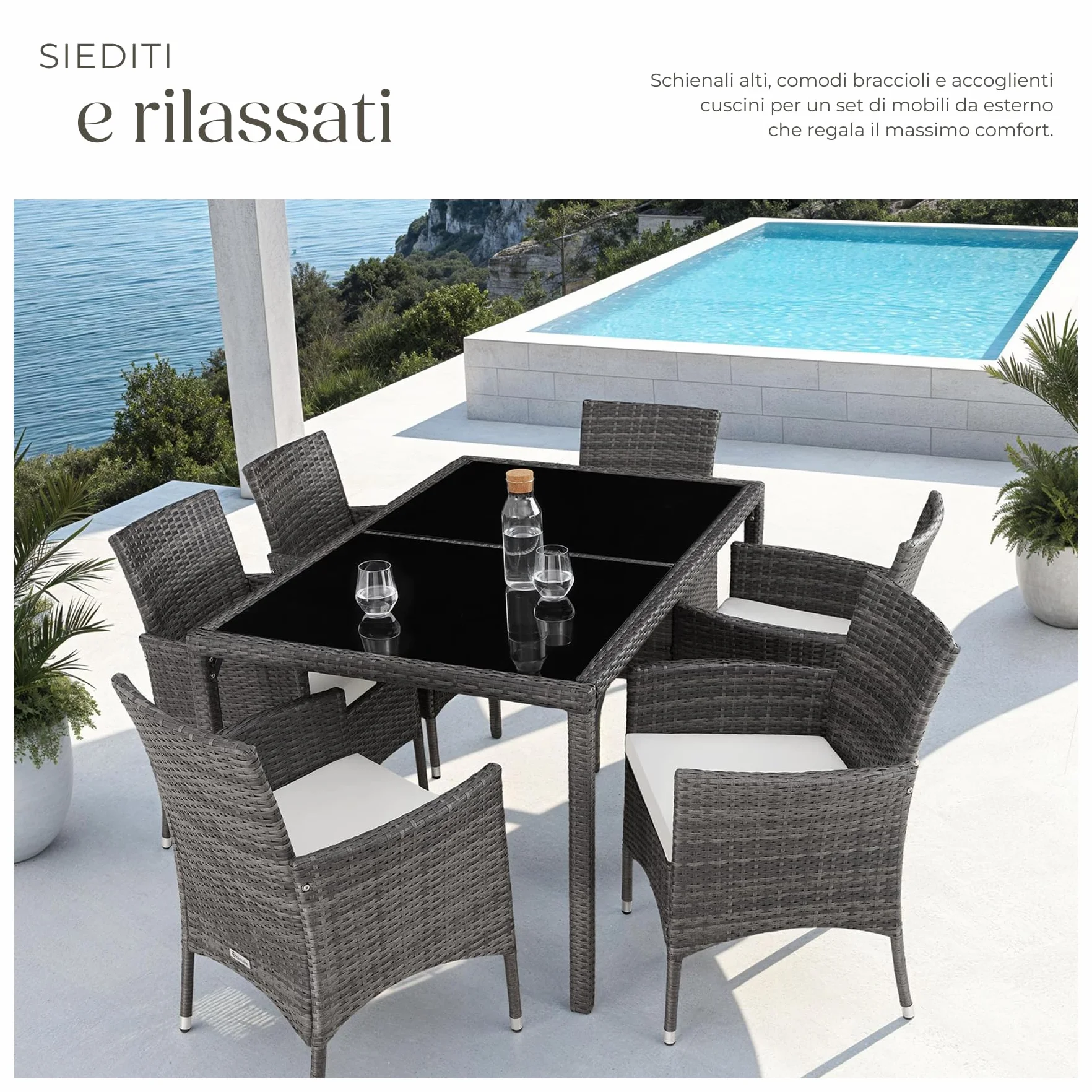 Tectake Set da Giardino Polyrattan 6 Sedie 1 Tavolo Grigio Bianco