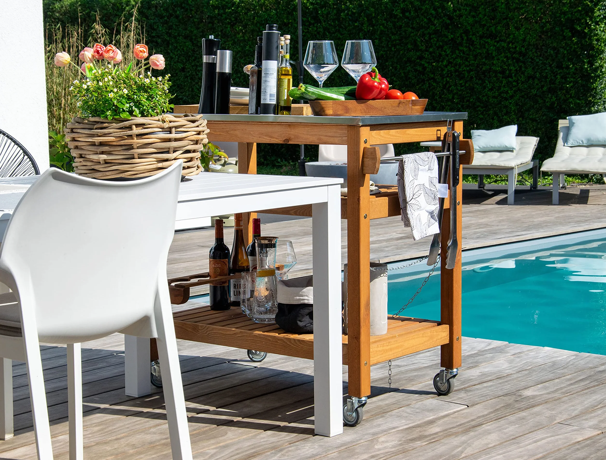 dobar® 35540FSCe Tavolo multifunzione con carrello arrotolabile legno massiccio piastra acciaio inox 94x58x90 cm Marrone