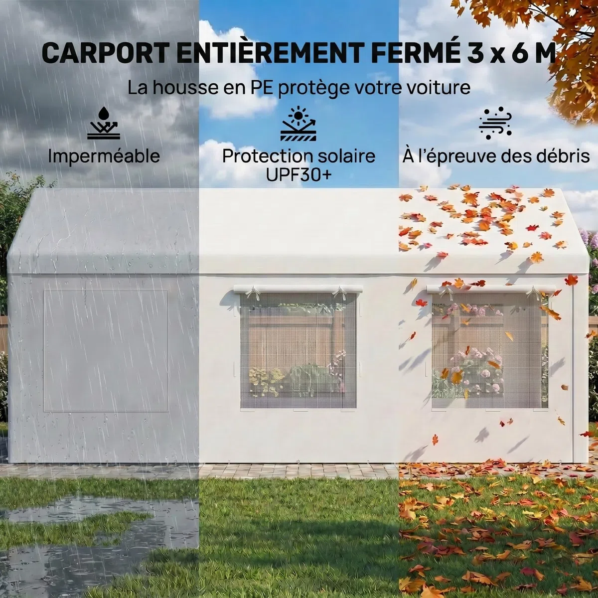 Outsunny Casetta per auto 3x6 m protezione UV30 garage mobile altezza regolabile tenda da garage acciaio zincato Ø 37 mm bianco
