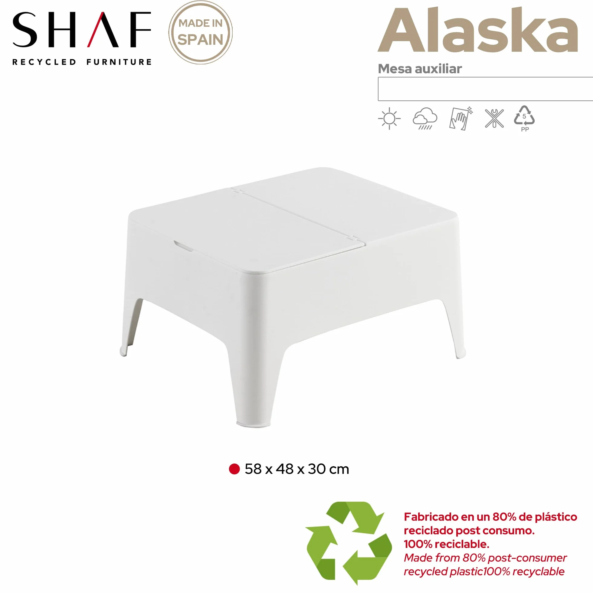 Shaf Alaska Tavolino Da Giardino 58 x 48 x 30 cm Bianco