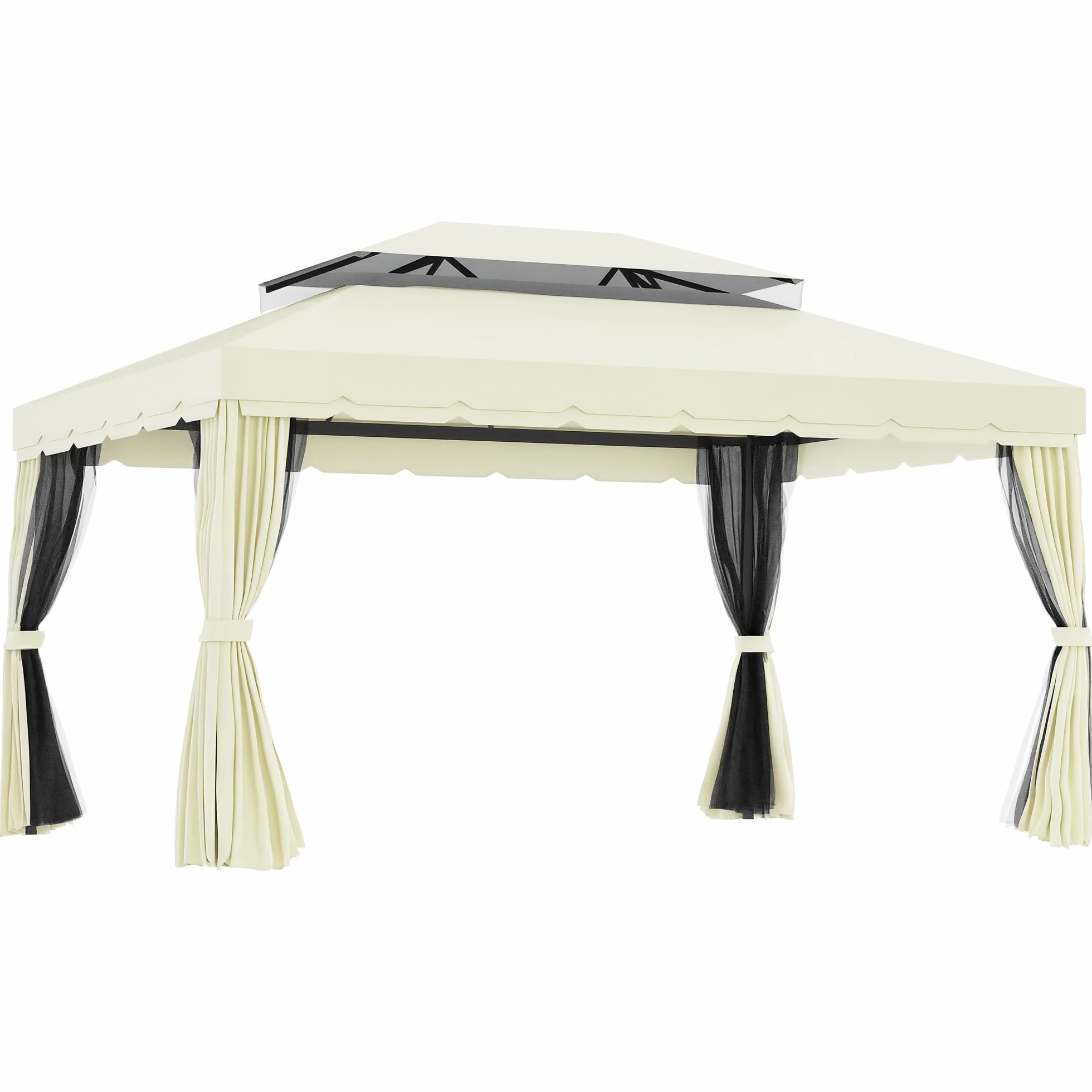 Outsunny Gazebo da Giardino 4x3 m con Zanzariera e Tende Parasole, Doppio Tetto, Anti UV, Alluminio, Crema