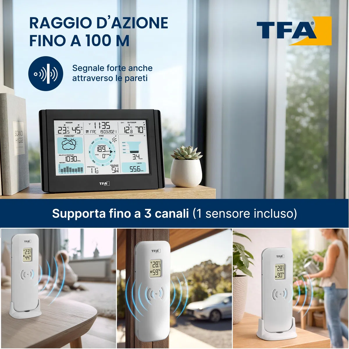 TFA Dostmann stazione meteo Weather Pro, 35.1161.01, con pluviometro, anemometro e sensore esterno, previsioni del tempo, radiocontrollata, temperatura e umidità, pressione atmosferica, nero