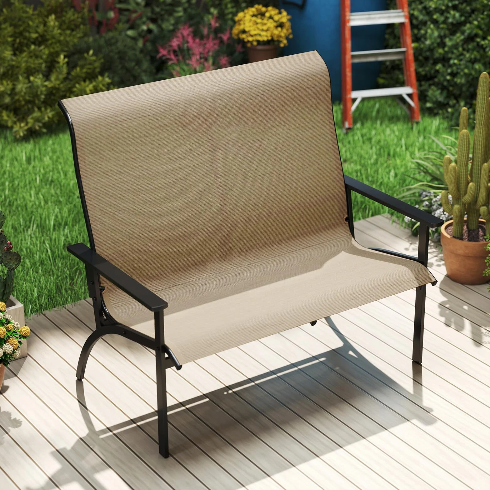 COSTWAY Sedia Esterno a 2 Posti, Panca da Giardino con Schienale Alto e Braccioli, Poltrona da Giardino a 2 Persone, per Terrazzo Patio Cortile, Portata 400 kg