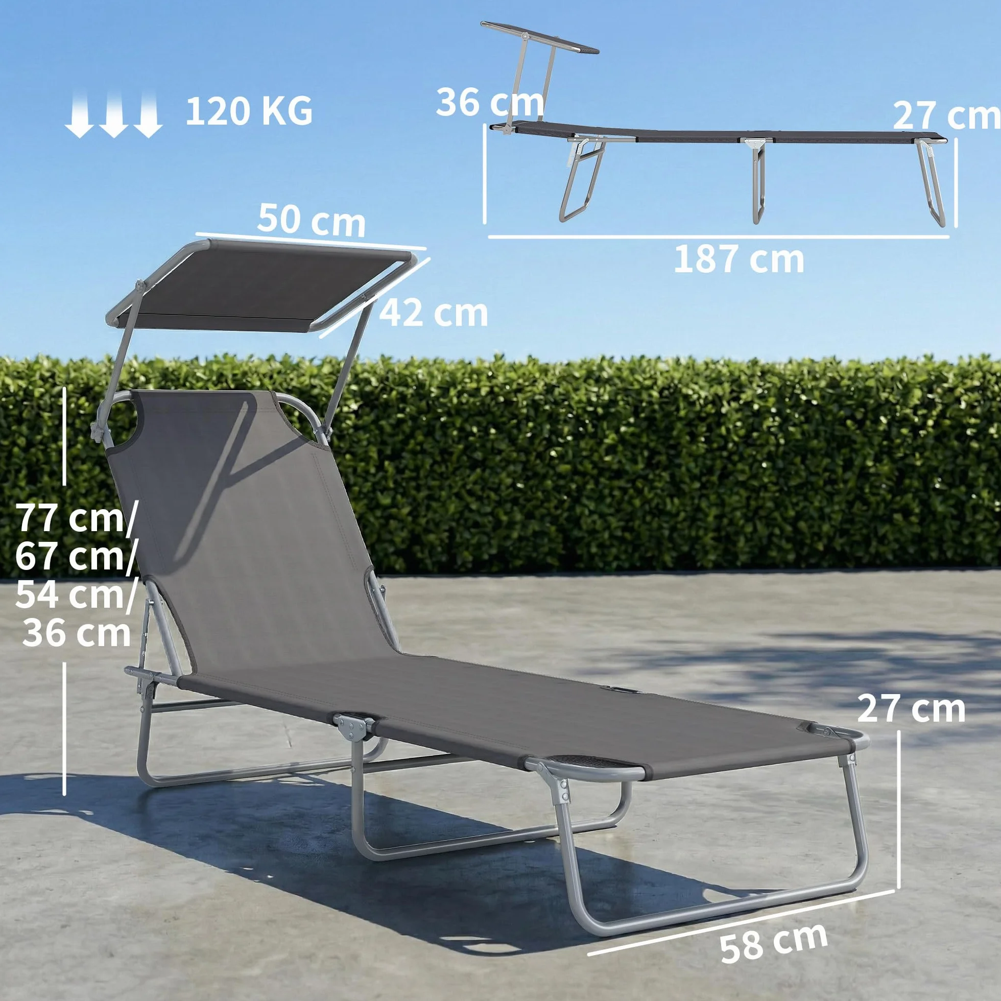 Outsunny Sdraio da Giardino Pieghevole con Tettuccio Schienale Regolabile in Tessuto Oxford e Metallo 187x58x36 cm Grigio