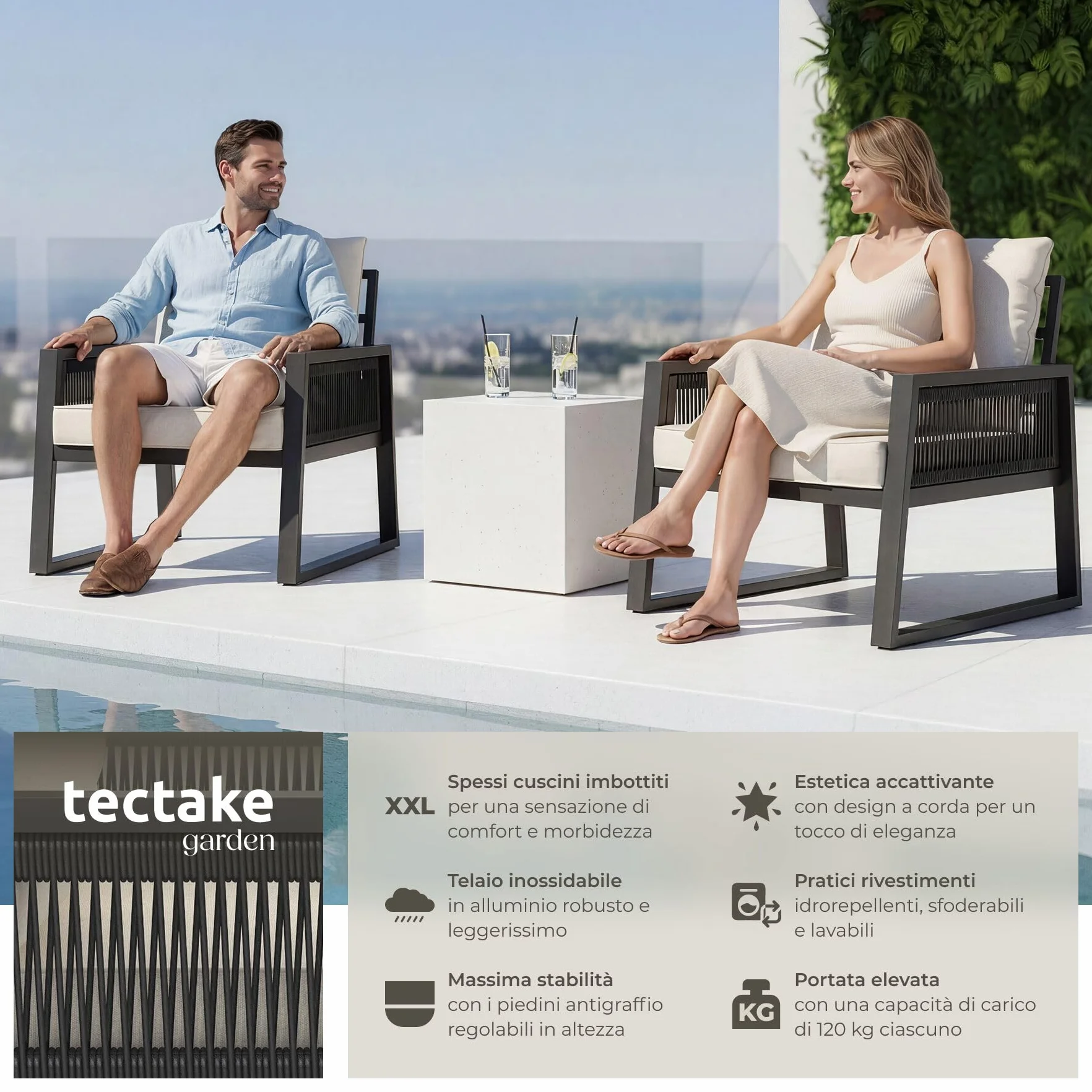 Tectake Set Salottino da Giardino 2 Posti, Telaio Alluminio Antiruggine, Cuscini Spessi, Design a Corda