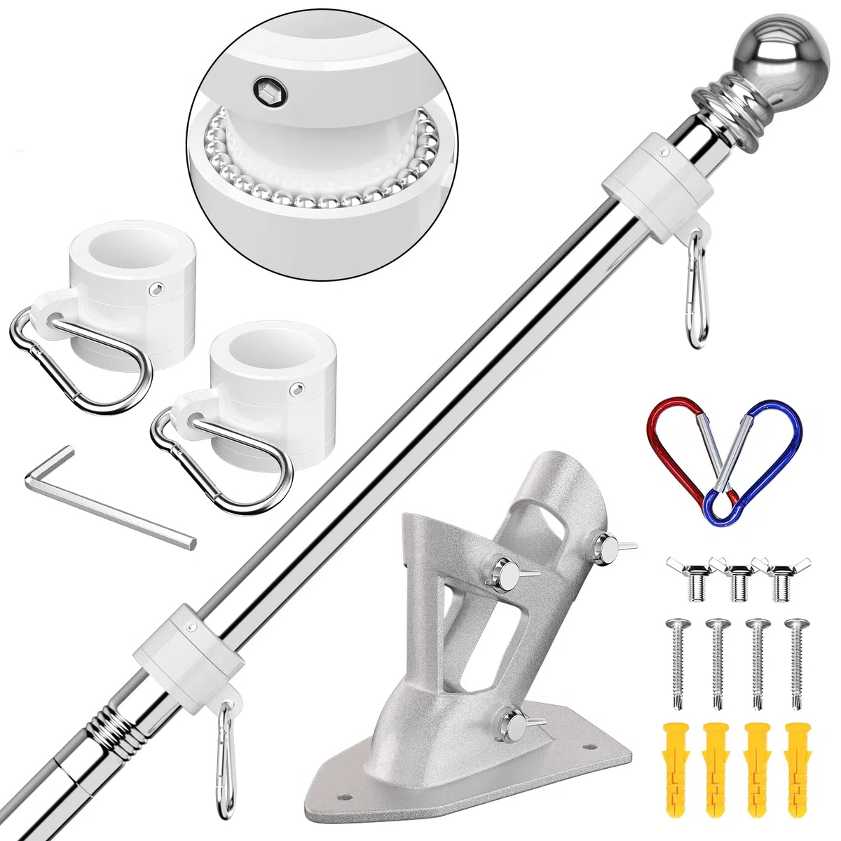 Kit Asta Bandiera Acciaio Inossidabile 180 cm con Staffa, Argento