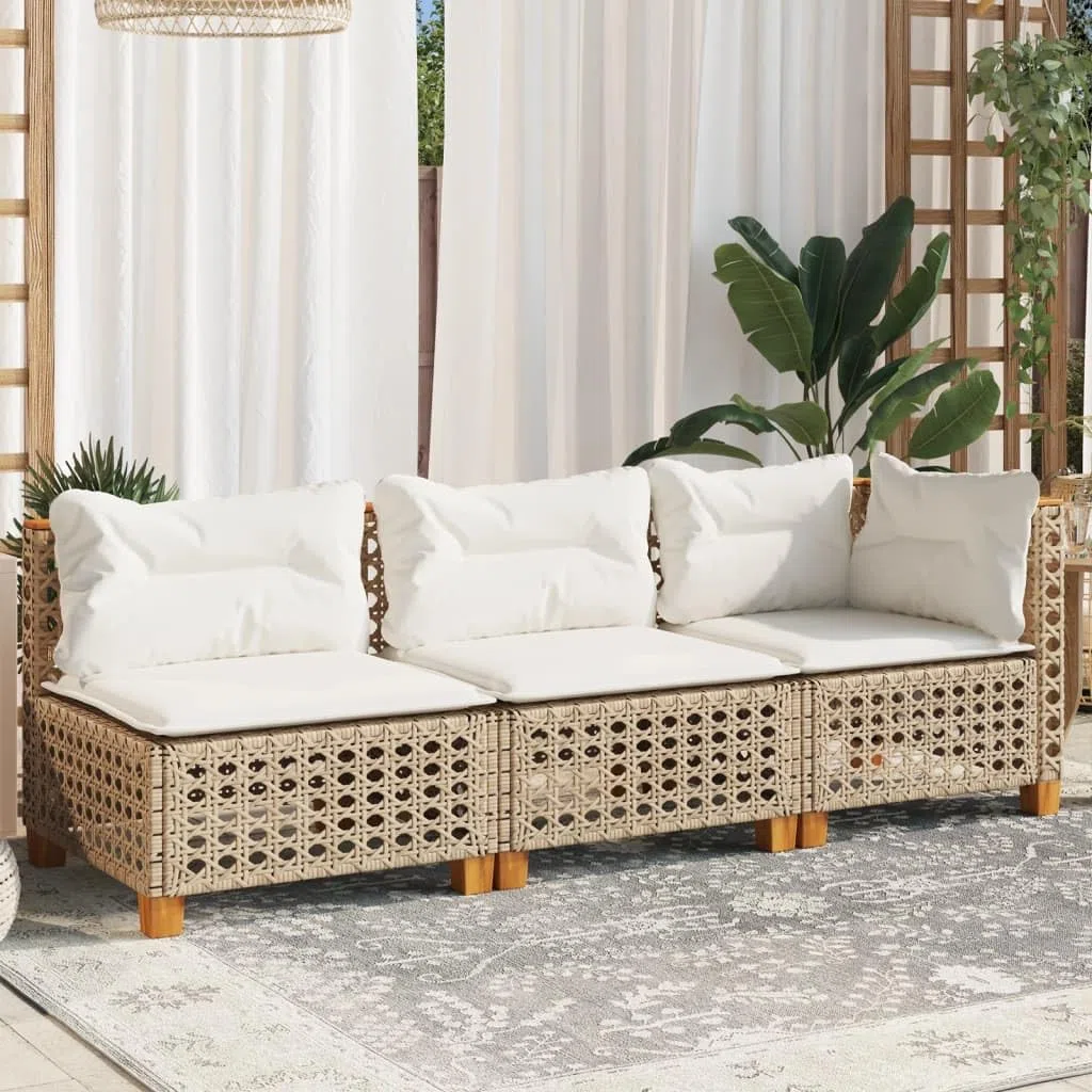 vidaxl Divano da giardino a 3 posti in polyrattan beige con cuscini - Meteo 190,5 x 63,5 x 62 cm - Comodo mobile modulare da esterno