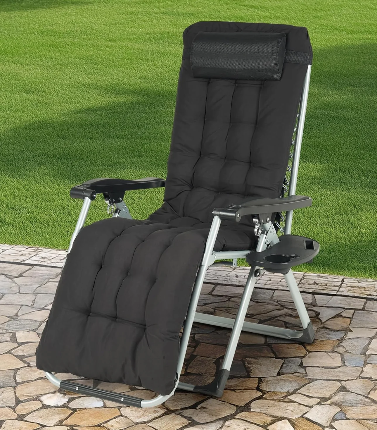 IlGruppone Sedia Sdraio 0 gravità Reclinabile Giardino Poltrona Pieghevole Relax Prendisole Lettino Cuscino Imbottito Portabicchiere Patio Campeggio Spiaggia con Poggiatesta Regolabile - Nera