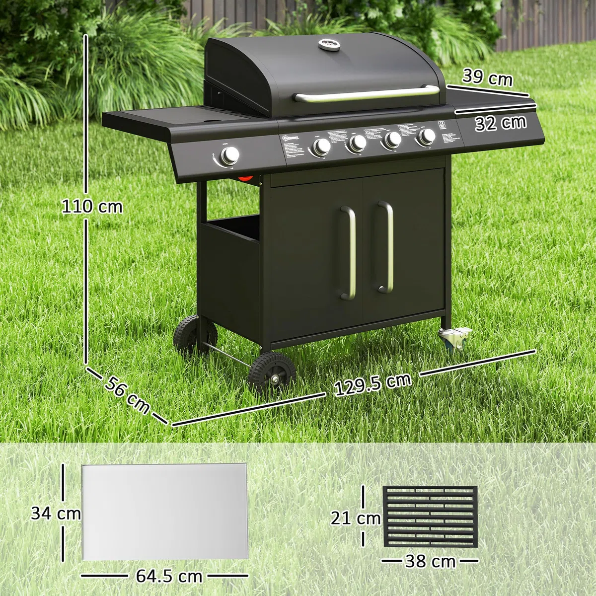 Outsunny Barbecue a Gas 4+1 Bruciatori 15.2 KW Acciaio PP con Ruote Armadietto Termometro Nero