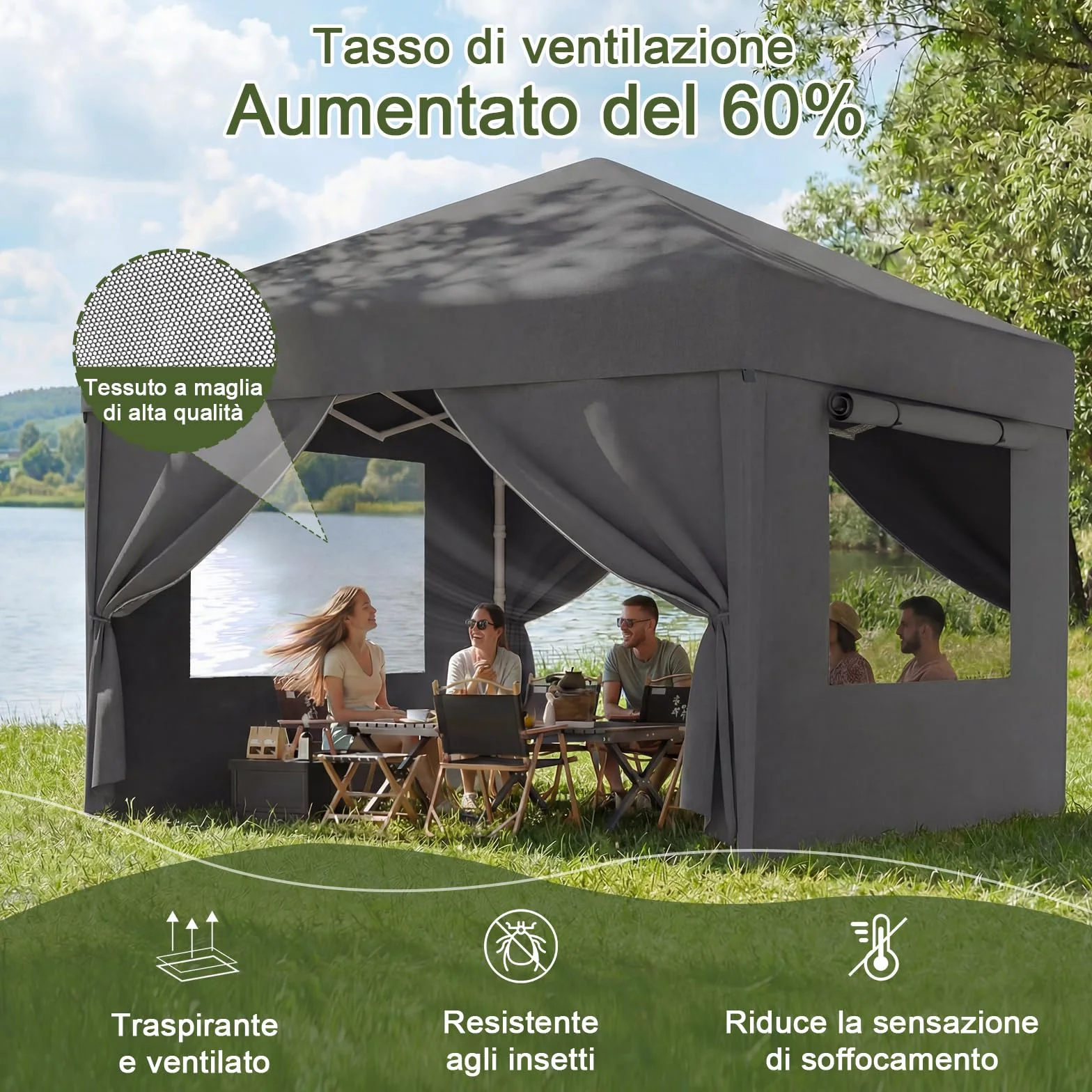 Devoko Gazebo Pieghevole 3x3 Impermeabile Stabile Invernale con Finestra a Rete Aerata, Protezione UV 50+, Tenda da Giardino Campeggio Grigio