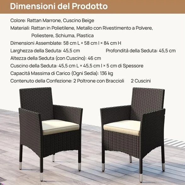 Yaheetech Set di 2 Sedie da Giardino in Poly Rattan con Braccioli e Schienale Regolabile, per Esterno