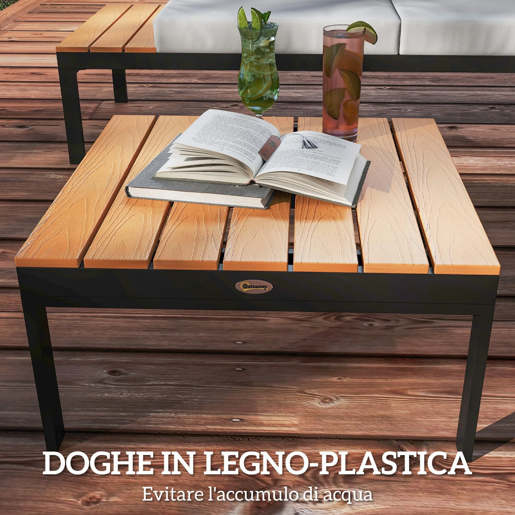 Outsunny Set Salotto da Giardino 4 Pezzi, 2 Divanetto 2 Posti, 2 Tavolini Caffè Quadrati, Legno e Cuscini Sfoderabili, Metallo e Legno Composito, Teak