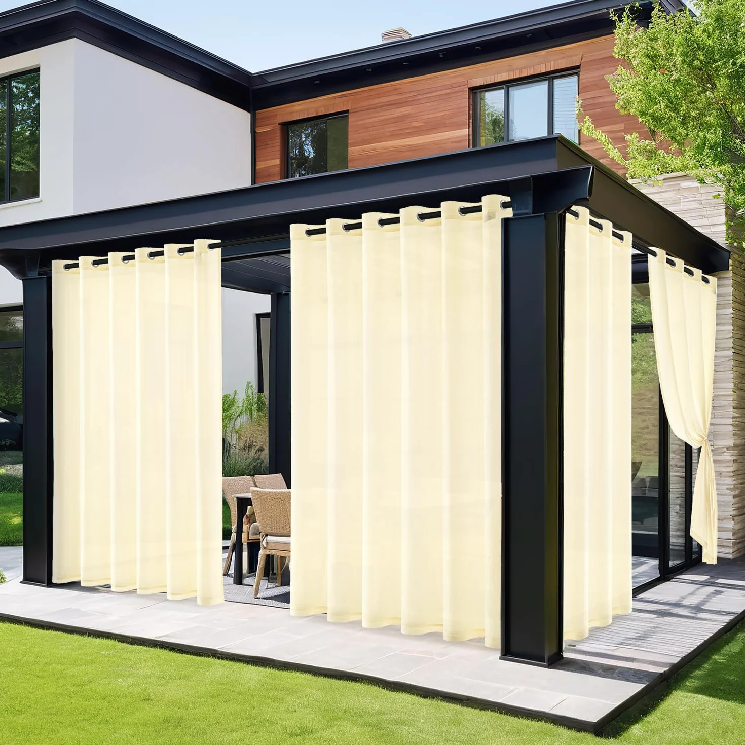 MIULEE Tende per Esterni Impermeabile con Occhielli 2 Pannelli, Tende da Esterno in Voile Semi-Trasparenti per Giardino, Balcone e Gazebo, Beige 140×240cm