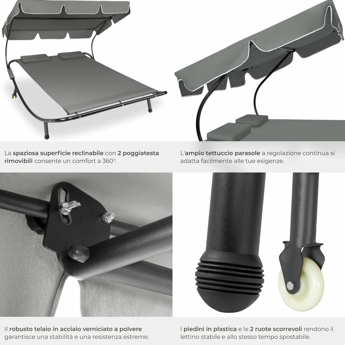 Tectake Lettino Prendisole Doppio con 2 Cuscini da Esterno, Telaio in Metallo, Rotelle, Tenda da Sole Pieghevole - Nero/Grigio