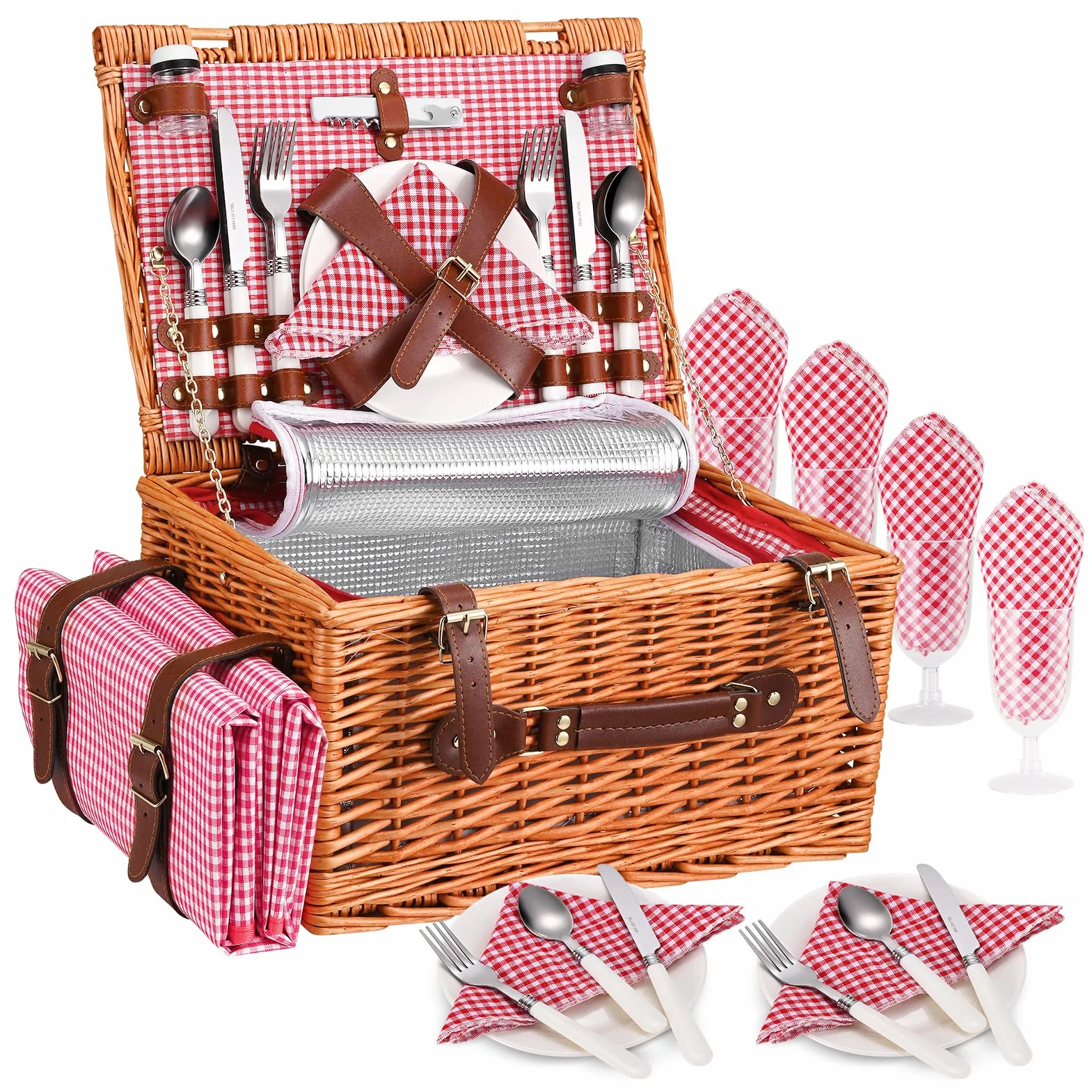 Cestino da Picnic in Vimini per 4 Persone, Termico, Impermeabile, Rosso
