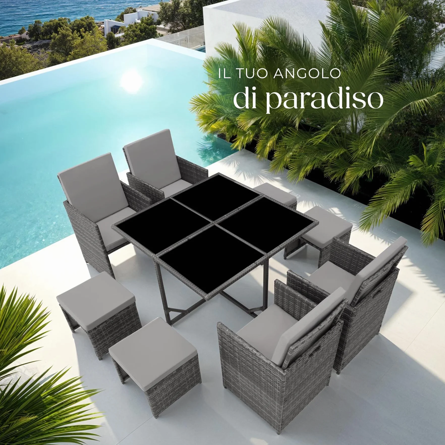 Set Mobili Rattan Bilbao 4 Sedie 4 Sgabelli Tavolo Acciaio Poly Rattan Giardino Terrazzo Grigio
