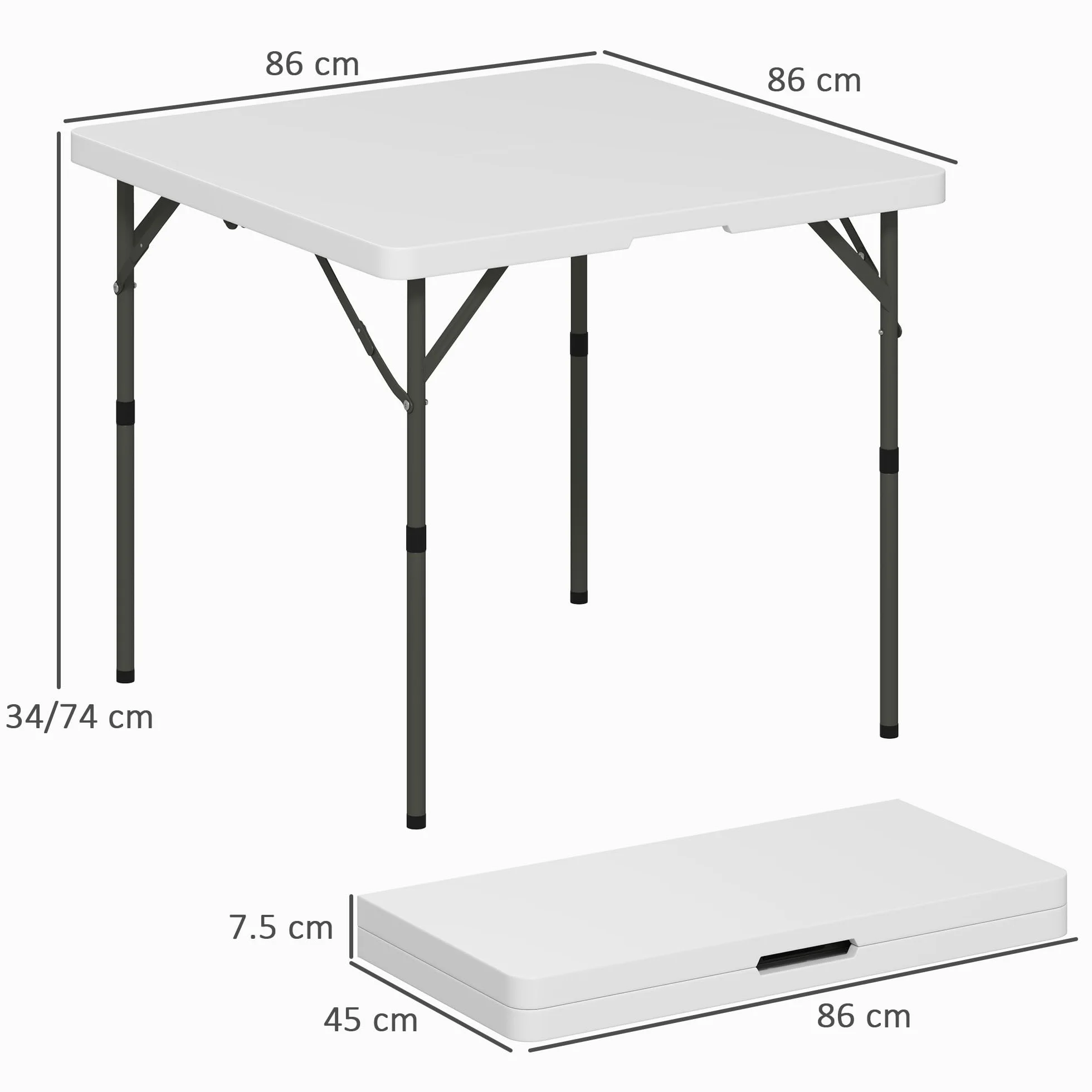 Outsunny Tavolo da Campeggio Pieghevole 86x86x74 cm Bianco HDPE e Metallo 2 Altezze Regolabili