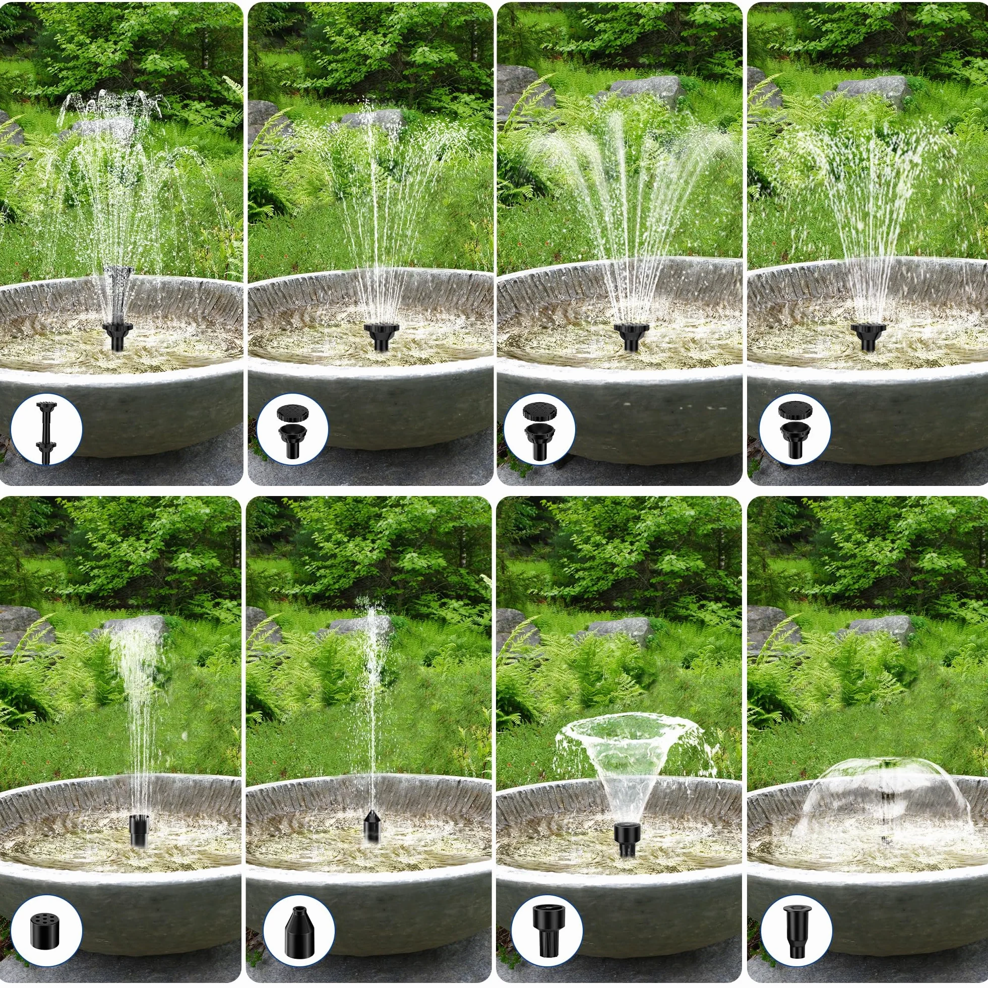 Pompa solare per laghetto Biling da 7,5 W con filtro, 300 l/h con tubo flessibile da 1,5 m, cavo da 3 m, 10 ugelli per laghetto da giardino fai da te, vasca per uccelli, fontana solare, gioco d'acqua