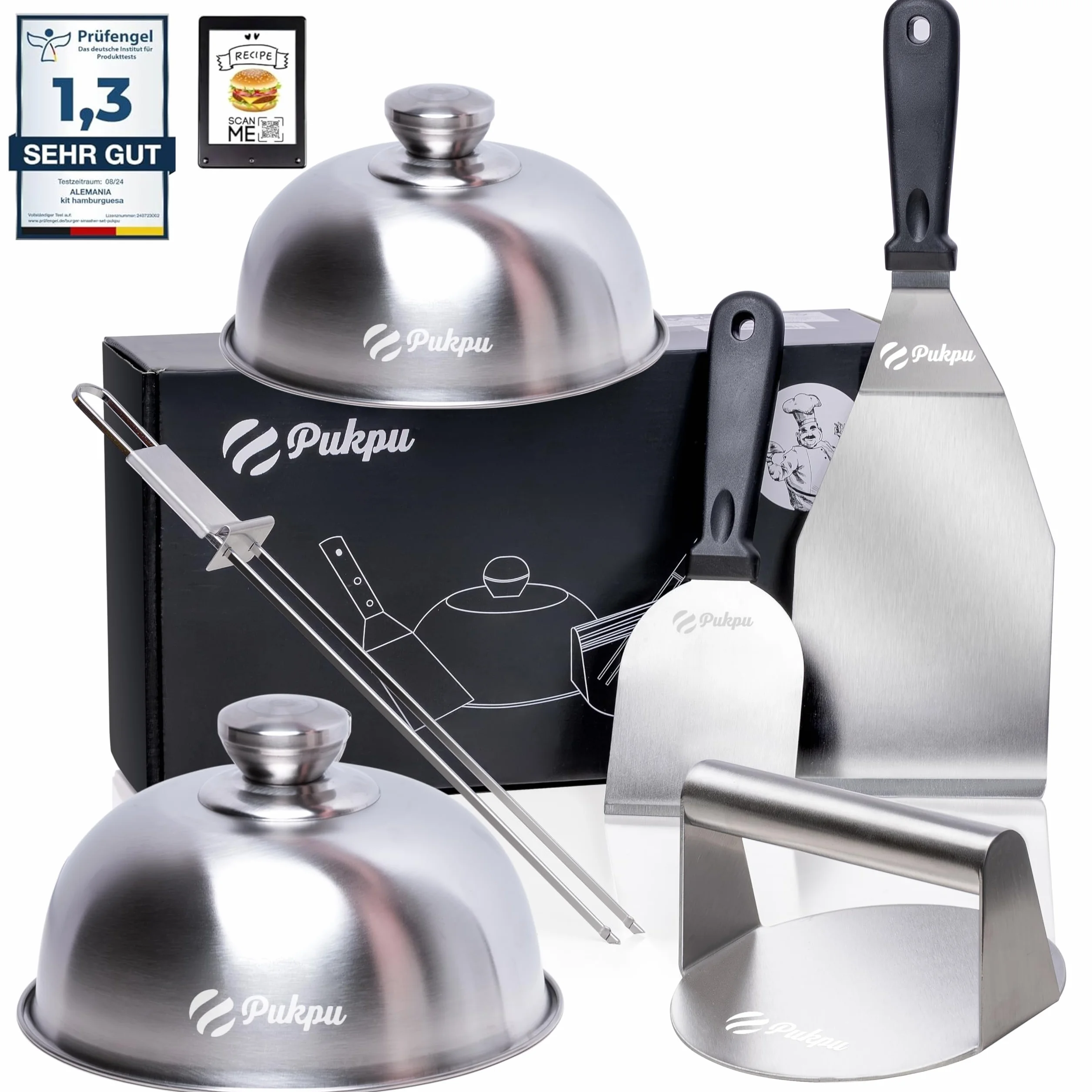 Kit Smash Burger 6 Pezzi Nero – Pressa Hamburger, 2 Spatole Inox, 2 Cloche per Formaggio e Spiedino