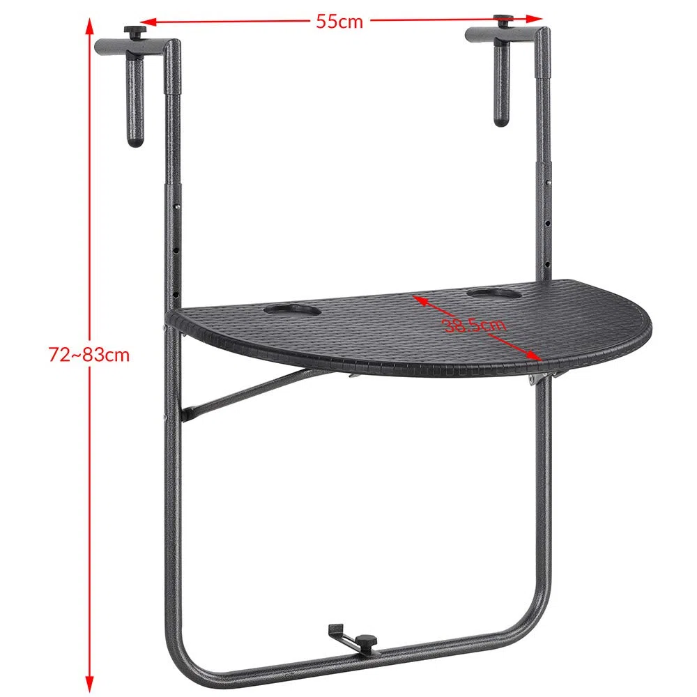 BAKAJI Tavolo Pieghevole da Ringhiera Esterno Balcone Altezza Regolabile Metallo Polyrattan Portabicchieri 60x64cm Nero