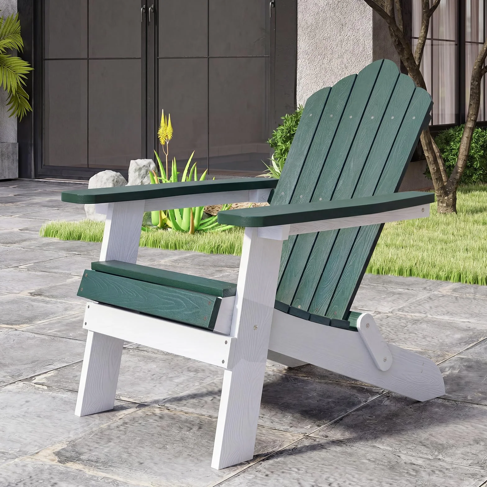 COSTWAY Sedia Adirondack Pieghevole da Giardino, Sedia da Patio in HIPS con Braccioli Larghi e Schienale Inclinato, Poltrona in Legno, per Giardino Cortile, Portata 180 kg (1, Verde+Bianco)