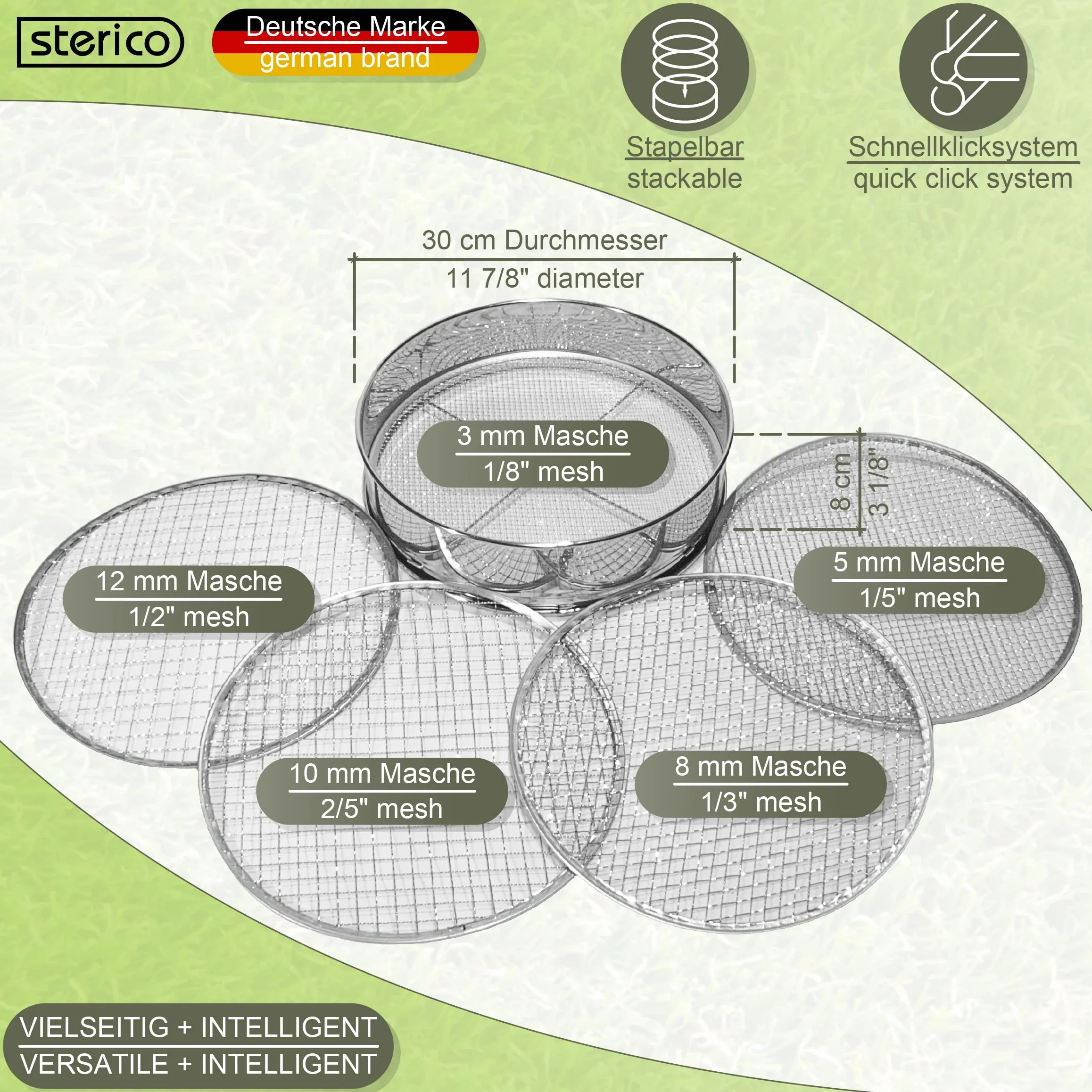 Siebmeister 5000 5in1 setaccio da giardino 30 cm metallo 5 maglie intercambiabili 3-12 mm