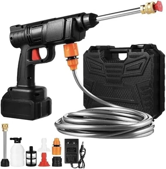 SQUADO Idropulitrice Wireless Portatile, 50PSI, 2 Batterie 8000mAh, Tubo 3m, Ugelli Regolabili, con Valigetta