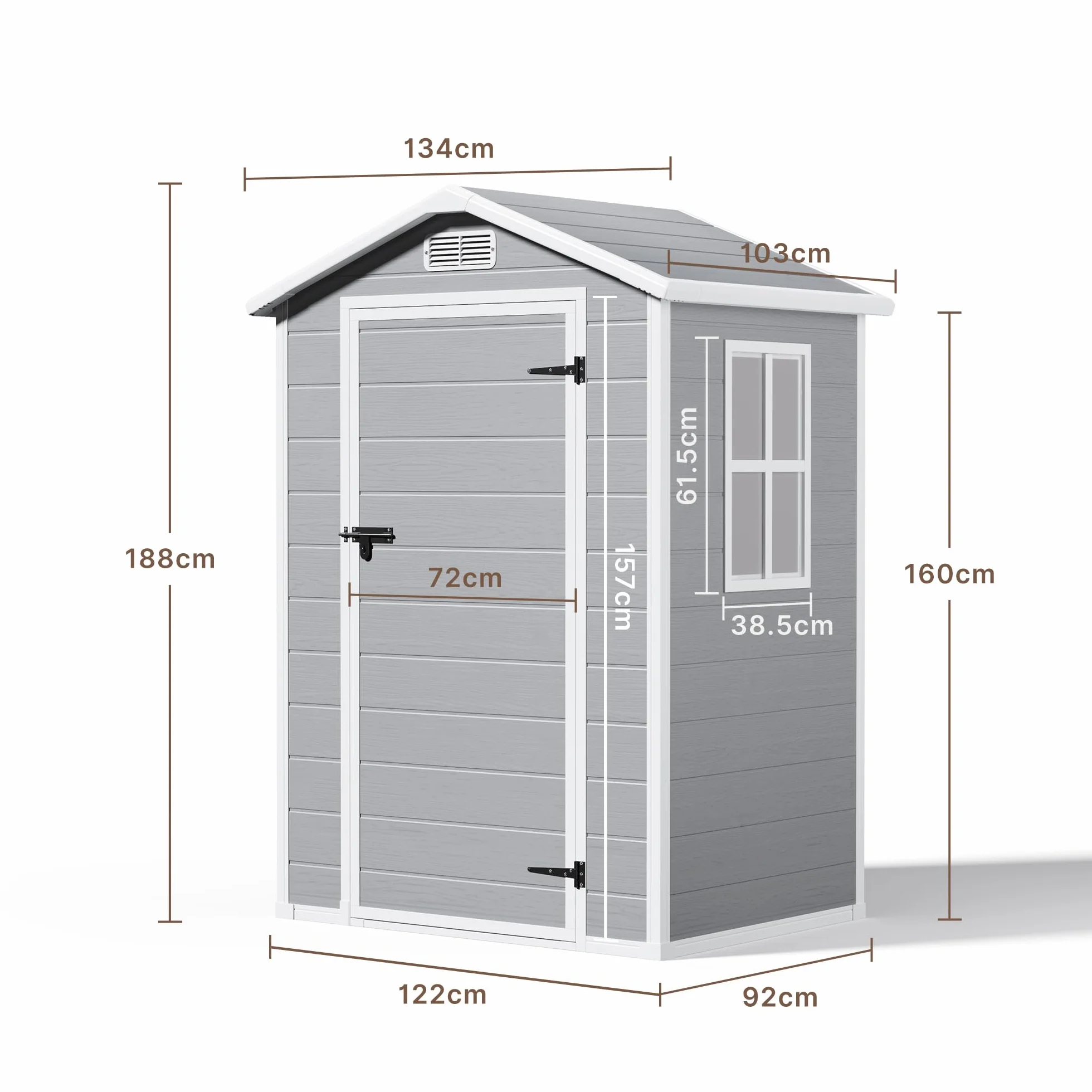 Casetta da Giardino in Resina 122x92x187 cm Capanno Porta Attrezzi con Finestra e Ventilazione Grigio