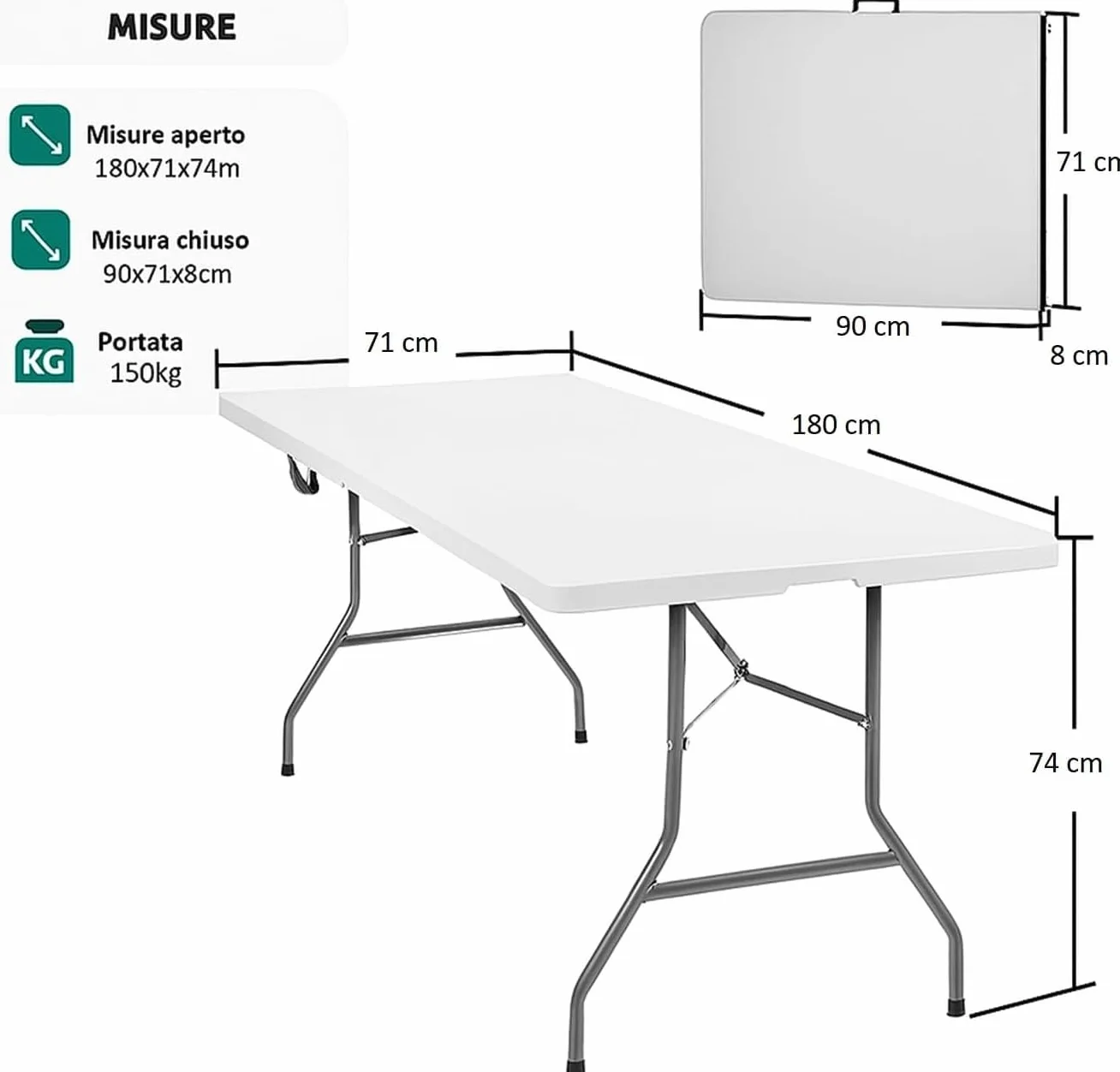 PALUPLUS Tavolo Catering Rettangolare a Valigetta Bianco 180x71x74 cm Tavolo Pieghevole Resina Metallo