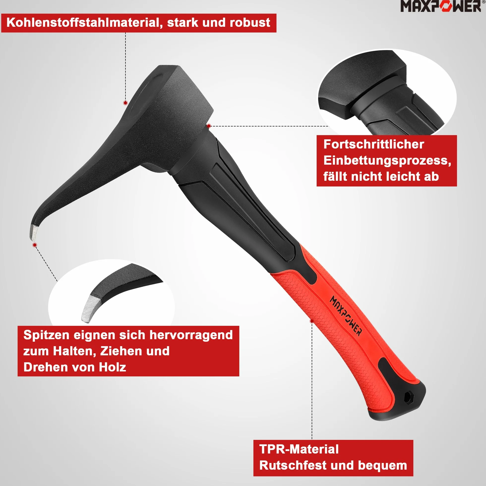 MAXPOWER Sappie Manuale 400 mm Acciaio al Carbonio, Ascia Ergonomica con Impugnatura da Fibra di Vetro e TPR