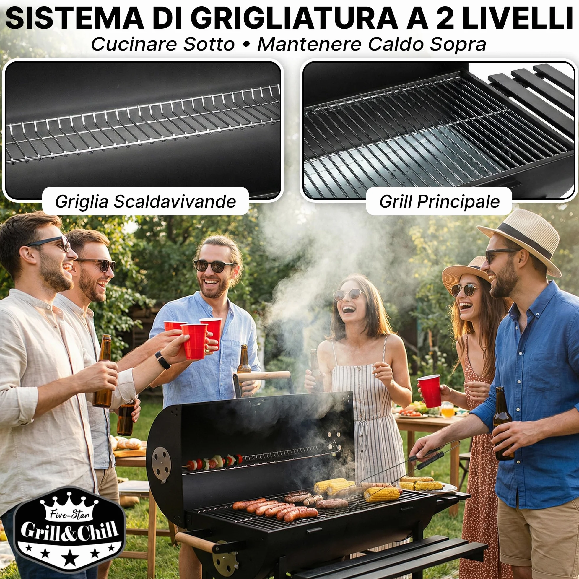 Grill & Chill Barbecue a Carbone 71×35 cm Coperchio con Termometro Acciaio Nero