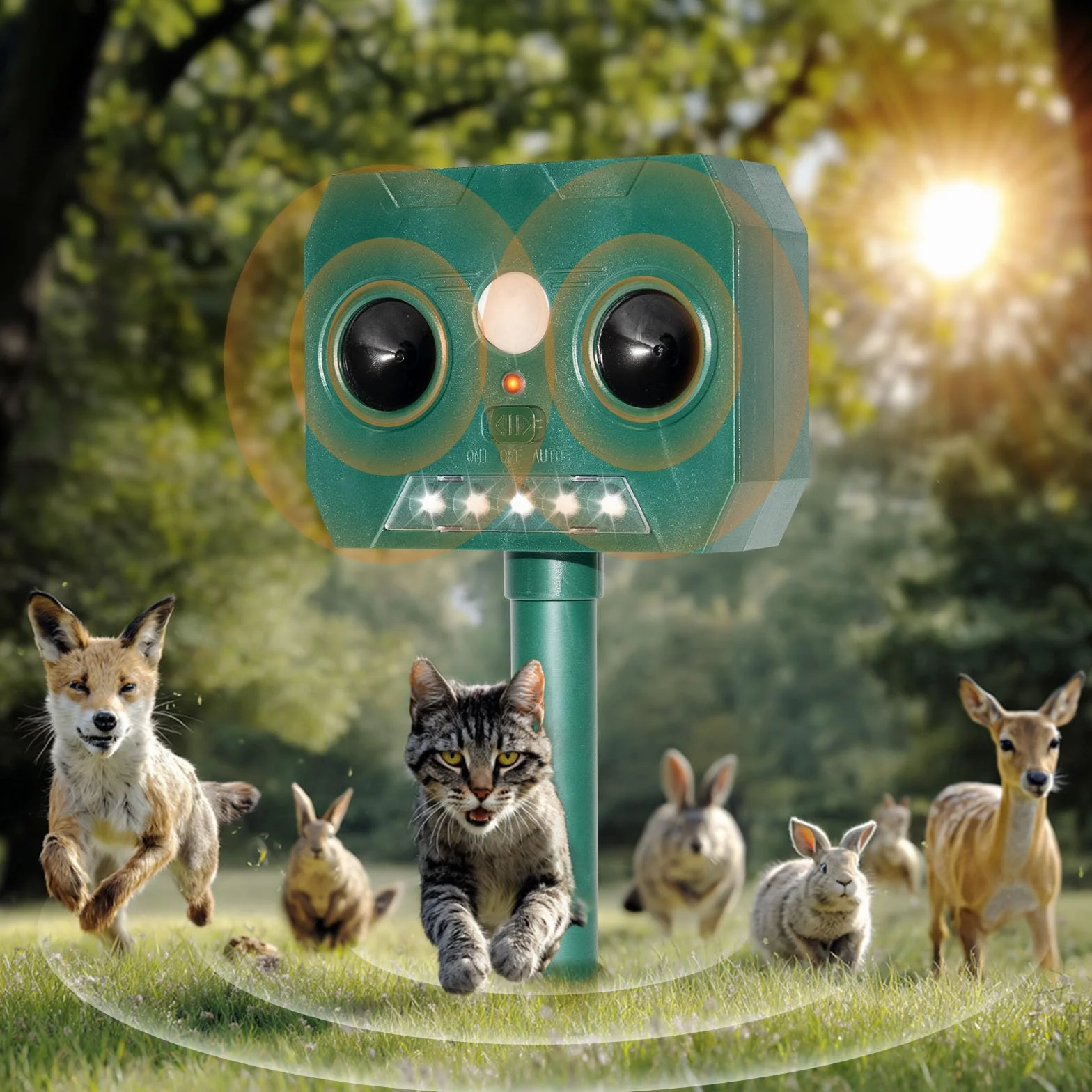 RAYGARD 2 Pezzi Dissuasore Gatti, Repellente per Volpi Ultrasonico Solare con Luce LED, 12m 120° Dissuasori per Piccioni Giardino IP45 Impermeabile per Gatti Volpi Cani Cervo Procioni
